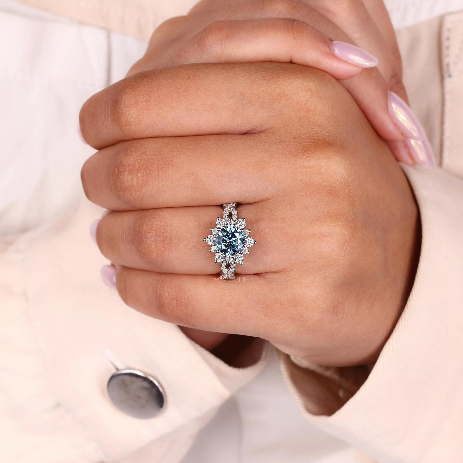 4.25 Ct Round Cut Natural Blue Sapphire Diamond Engagement Ring 950 Platinum
