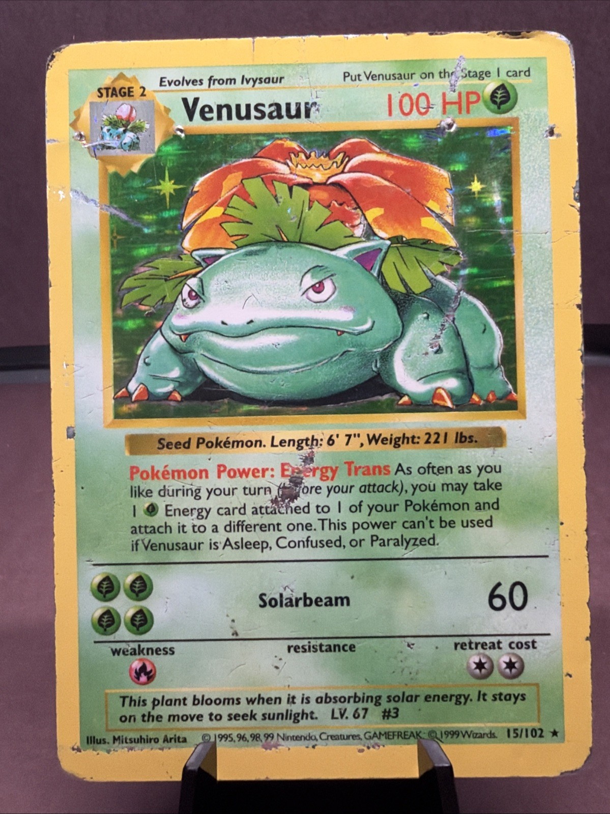 Pokemon TCG Venusaur 15/102 Base Set (Shadowless) Holo Rare VTG WOTC 1999 DMG Pokemon TCG Venusaur 15/102 Base Set (Shadowless) Holo Rare VTG WOTC 1999 DMG