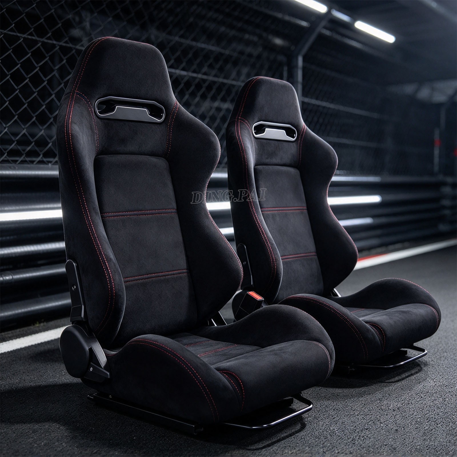 Universal Black Suede Seats w 2 Sliders Reclinable Low Back Racing Bucket Seats