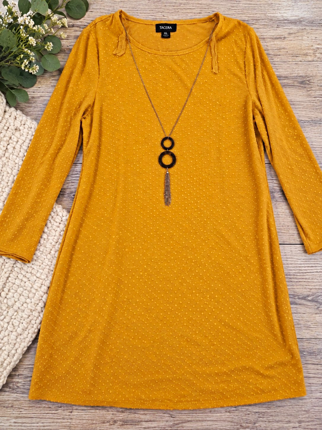 Tacera Women\'s Yellow Textured Knit Shift Dress 3/4 Sleeve Knee Length XL Tacera Women\'s Yellow Textured Knit Shift Dress 3/4 Sleeve Knee Length XL