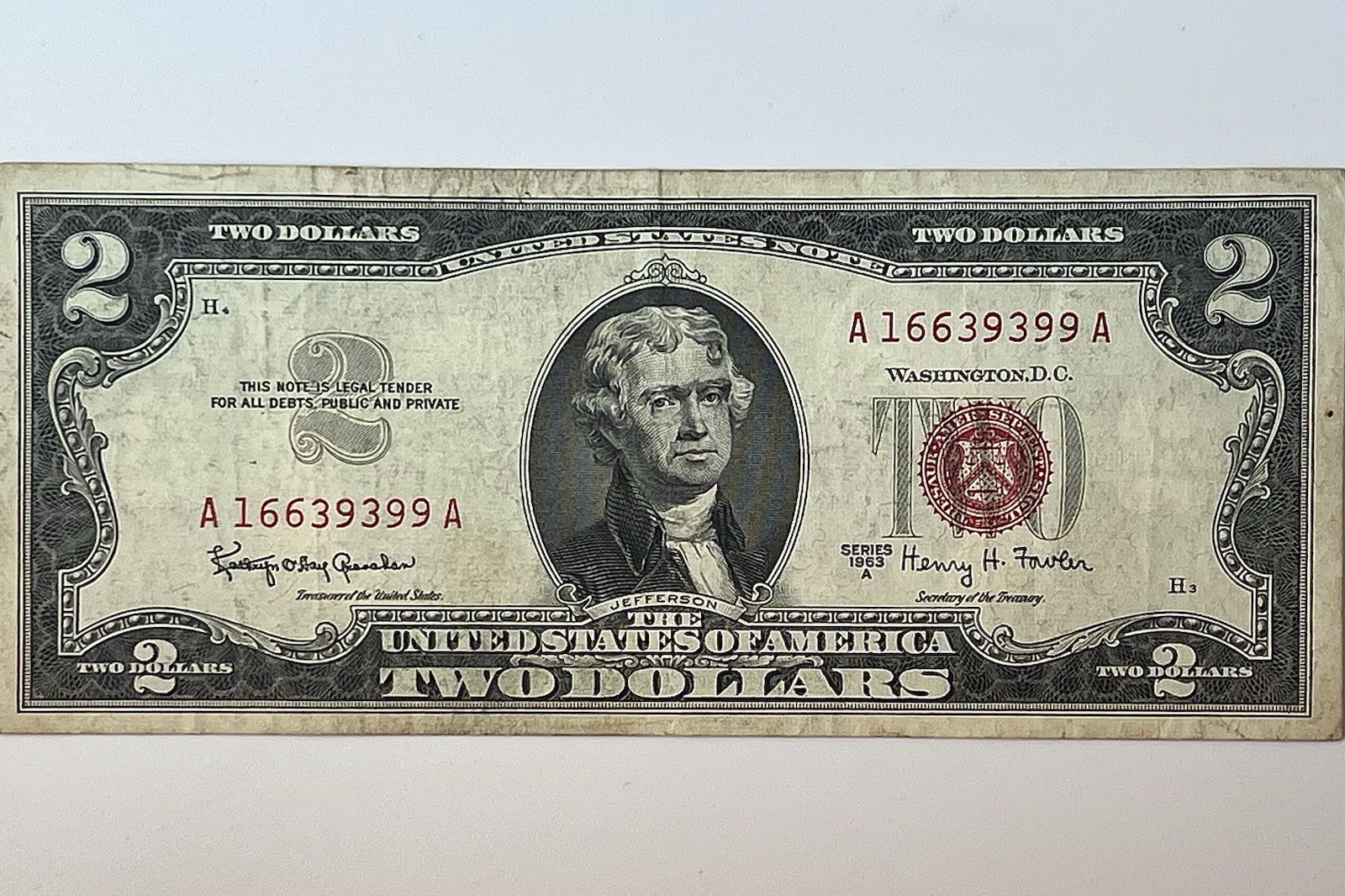 1963-A U.S. $2 Two Dollar Red Seal Unique Serial Number/Year A16639399A 1963-A U.S. $2 Two Dollar Red Seal Unique Serial Number/Year A16639399A