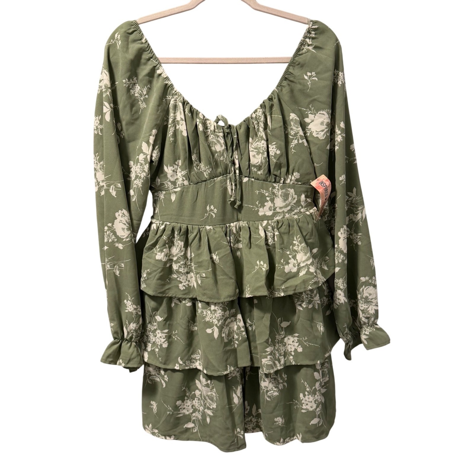 Inspired Hearts Green Floral Tiered Ruffle Long Sleeve Dress Sz Junior L Dress Inspired Hearts Green Floral Tiered Ruffle Long Sleeve Dress Sz Junior L Dress