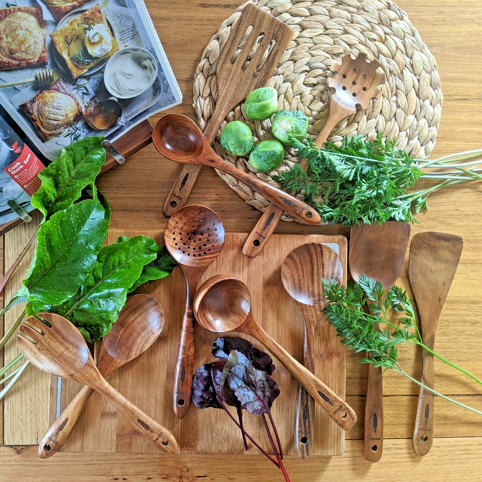 Montuk 10 Pcs Natural Teak Wood Cooking Utensils Set For Kitchen, Spoon set. Montuk 10 Pcs Natural Teak Wood Cooking Utensils Set For Kitchen, Spoon set.