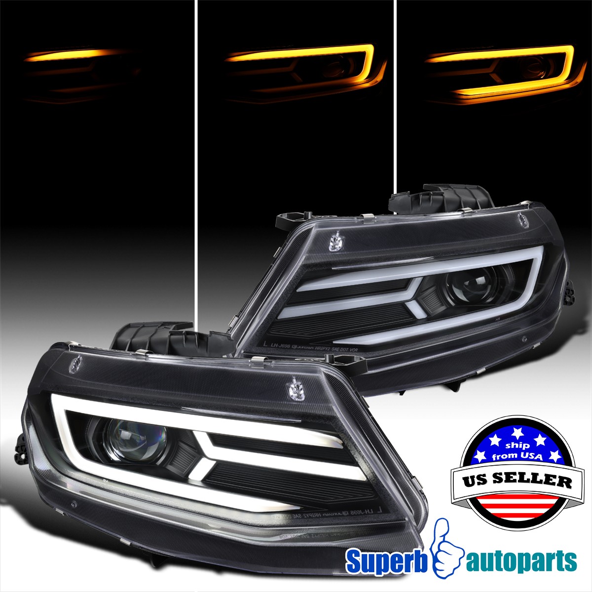 For 2016-2018 Chevy Camaro LED DRL Black Projector Headlights Sequential Signal For 2016-2018 Chevy Camaro LED DRL Black Projector Headlights Sequential Signal