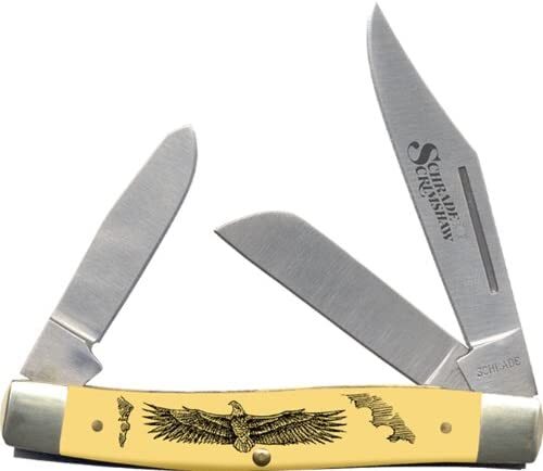 Schrade 8OTYE Old Timer Senior Stockman Pocket Knife, Yellow with Eagle Scene Schrade 8OTYE Old Timer Senior Stockman Pocket Knife, Yellow with Eagle Scene