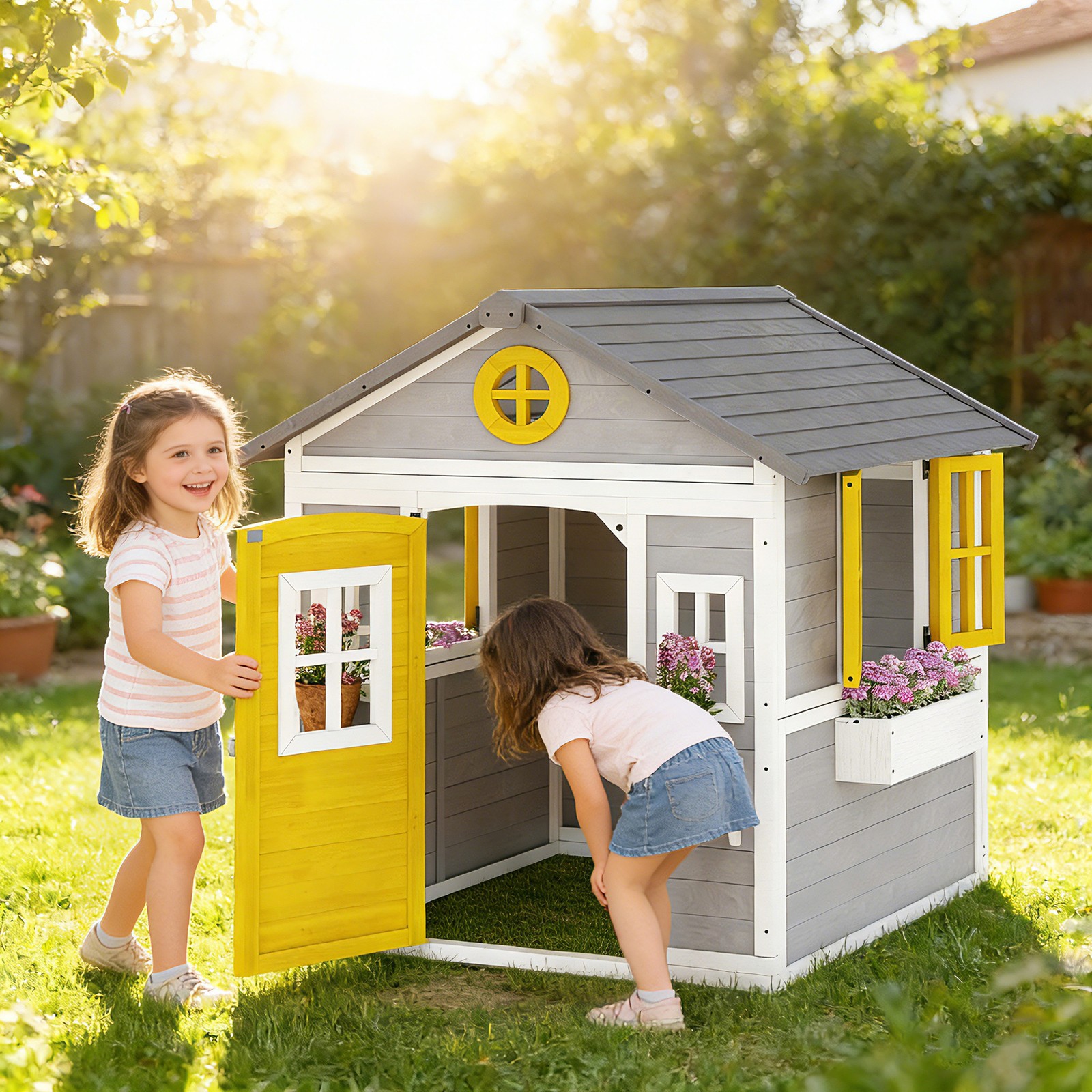 Outsunny Playhouse for Kids with Doors, Windows, Planter Pots and Boxes