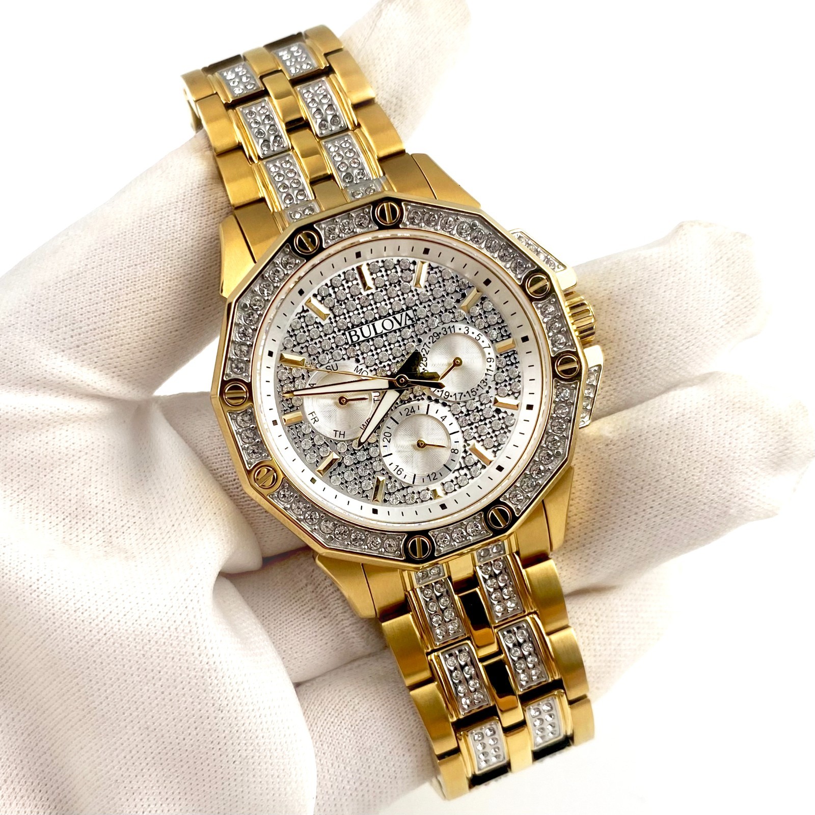Bulova Octava 98C126 White Crystal Dial Gold Tone Quartz Men\'s Watch