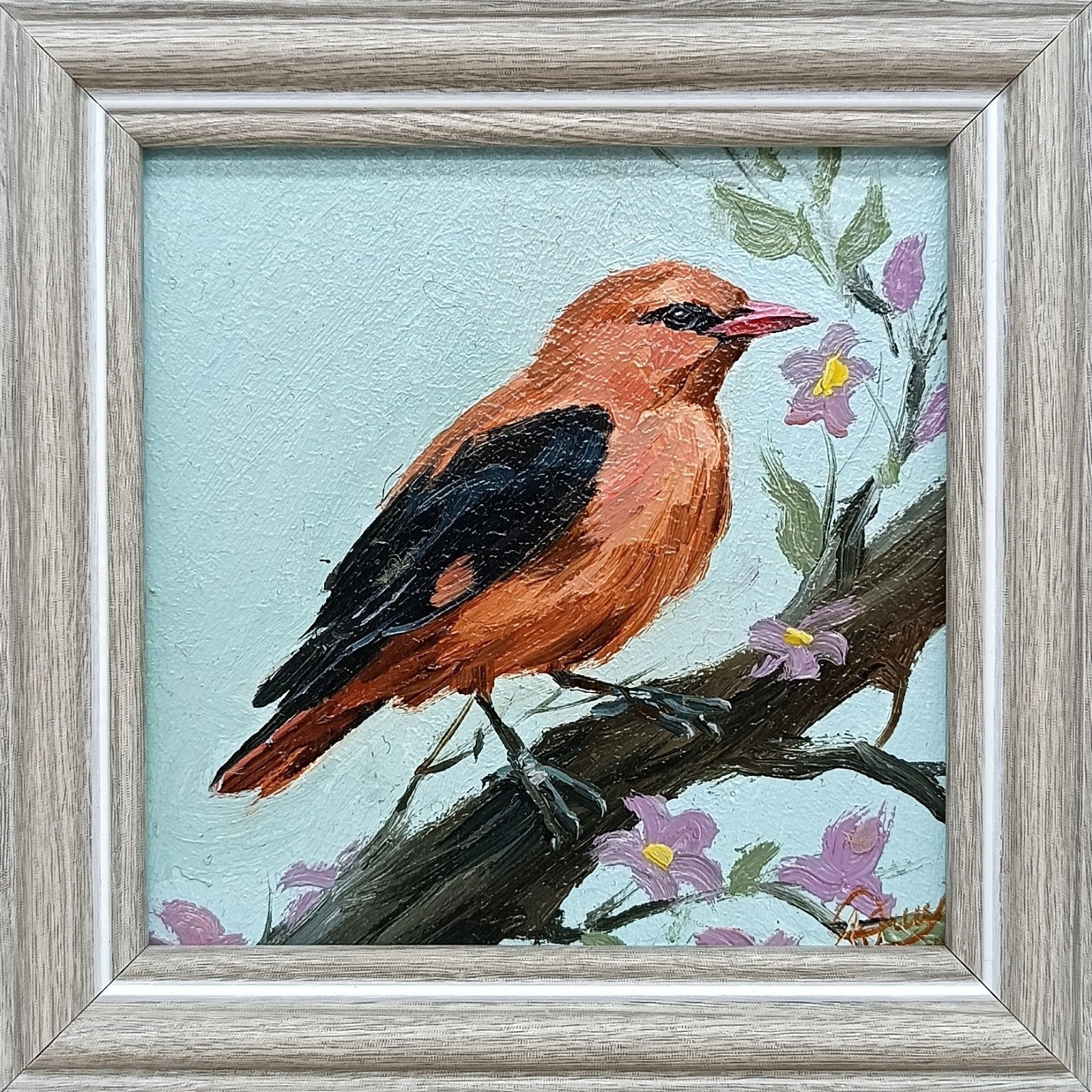 Orange Bird on Branch Original Oil Painting 4x4 Framed Signed Songbird Art Gift