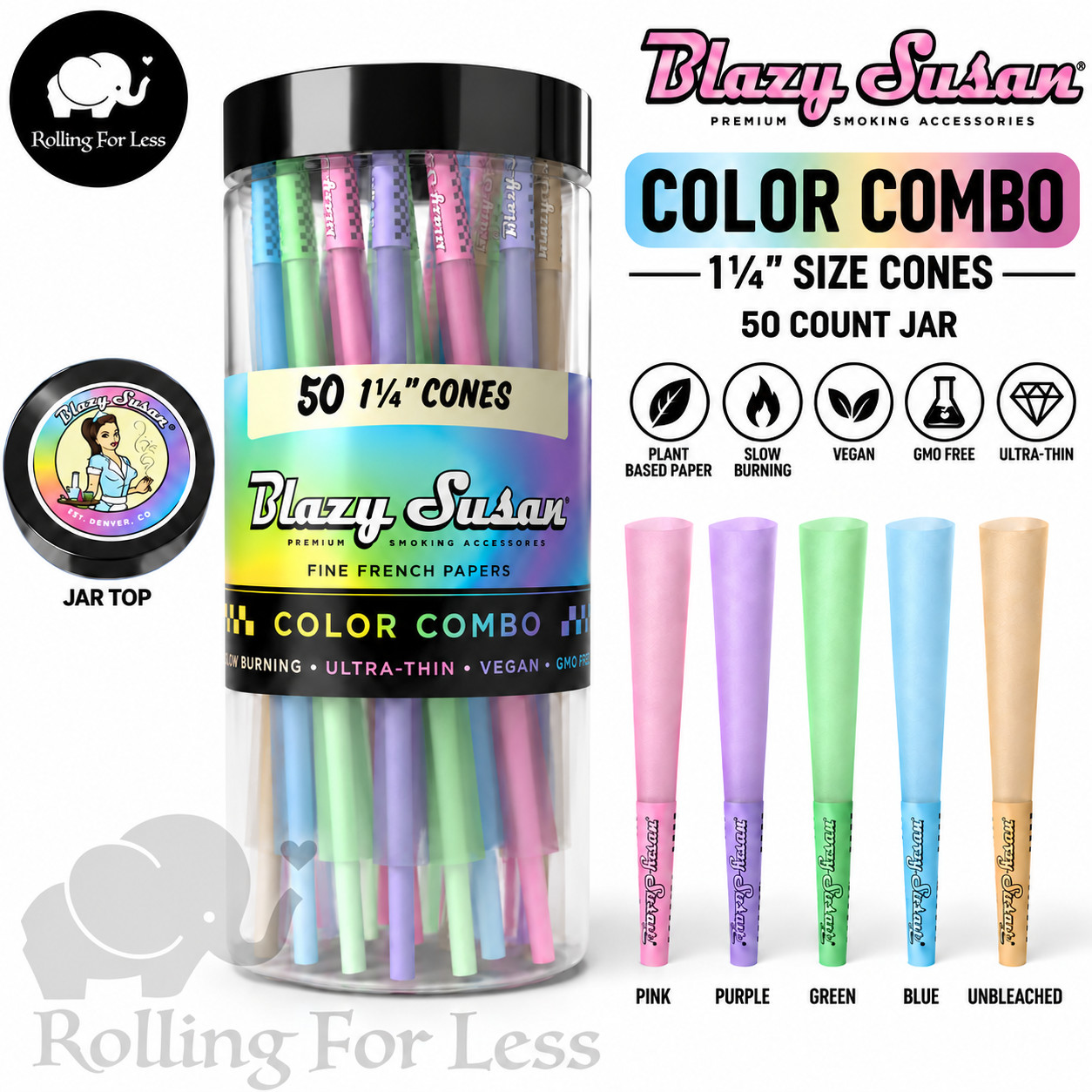 Blazy Susan Color Combo 1 1/4 Pre Rolled Cones 50 Count Jar 84mm