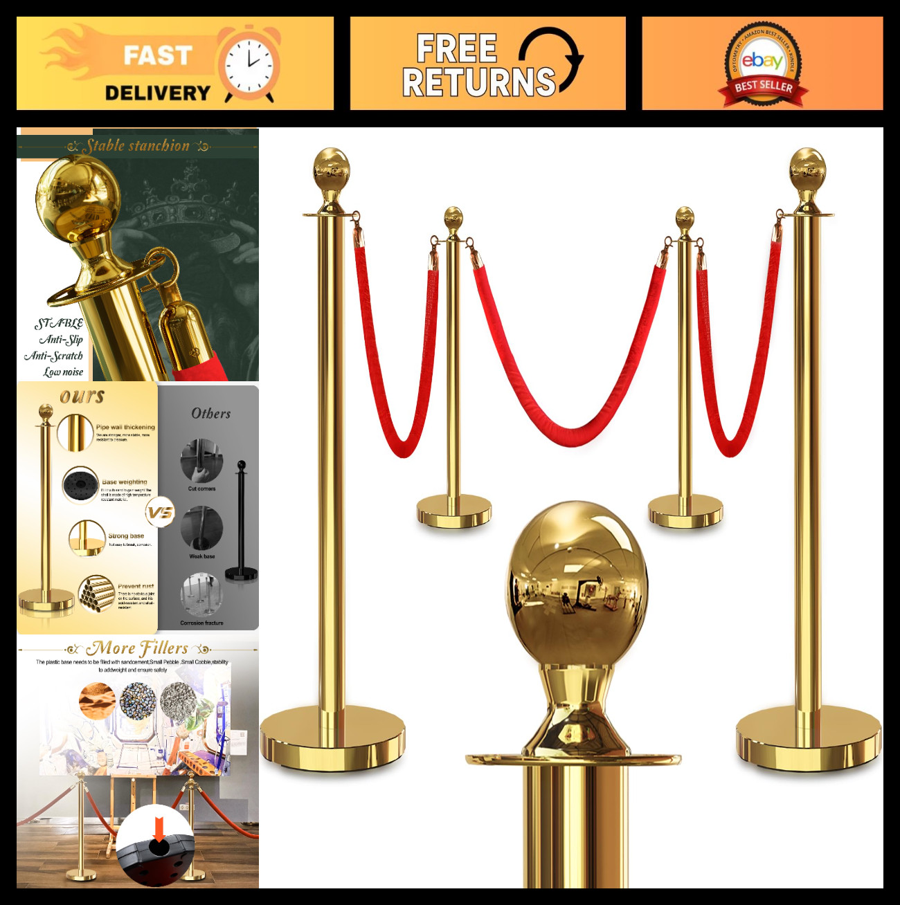 4PCS Gold Stanchion Posts & 3PCS 5ft Red Velvet Ropes - Crowd Control Barriers,