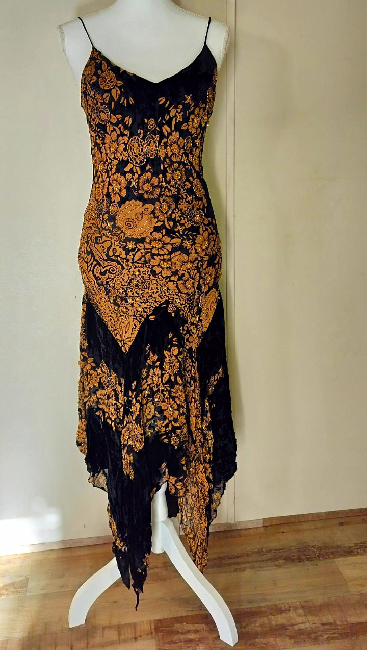 Gracia Fashion Black Gold Floral Silk Velvet Beaded Slip Midi V-Neck S Gracia Fashion Black Gold Floral Silk Velvet Beaded Slip Midi V-Neck S