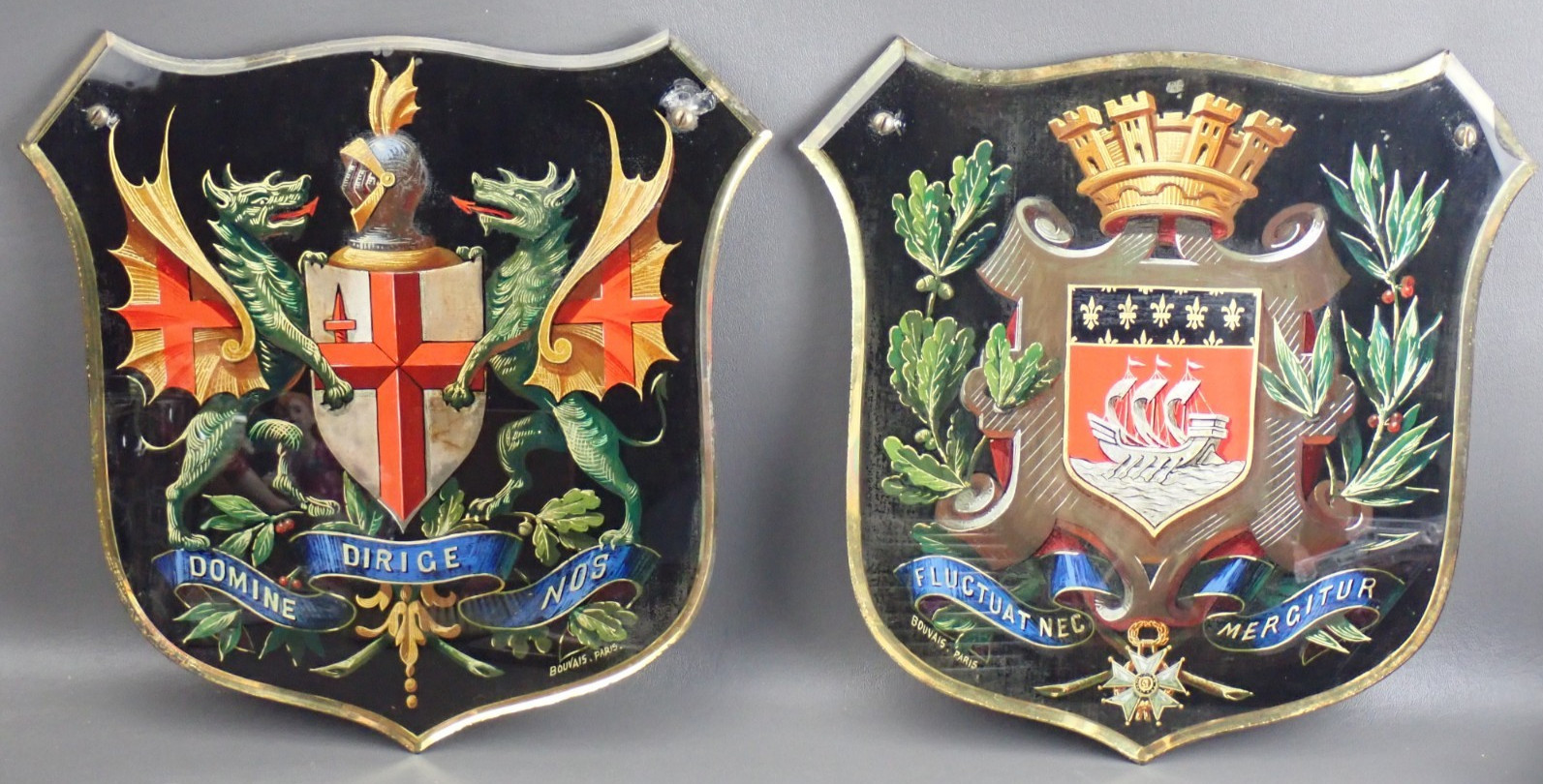 19th c Eglomise Reverse Painted Glass Paris & London Shield Coat of Arms Bouvais