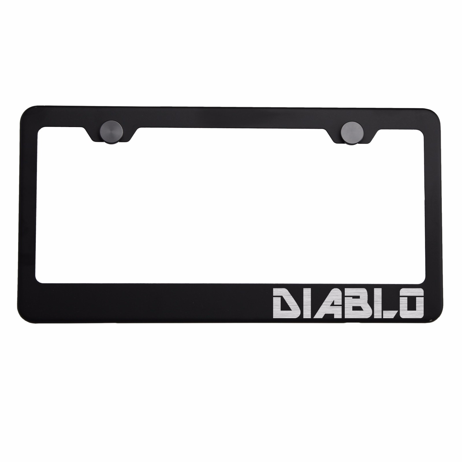 Matte Black License Plate Frame Silver DIABLO Laser Etched Metal Screw Cap Matte Black License Plate Frame Silver DIABLO Laser Etched Metal Screw Cap