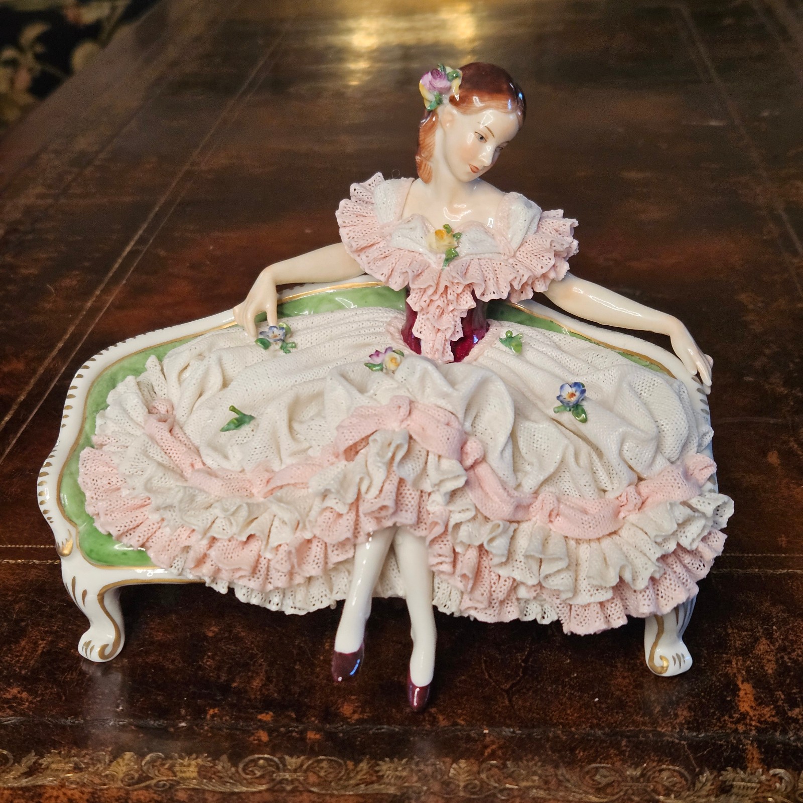 Vintage VOLKSTEDT DRESDEN LACE FIGURE - LADY ON A COUCH