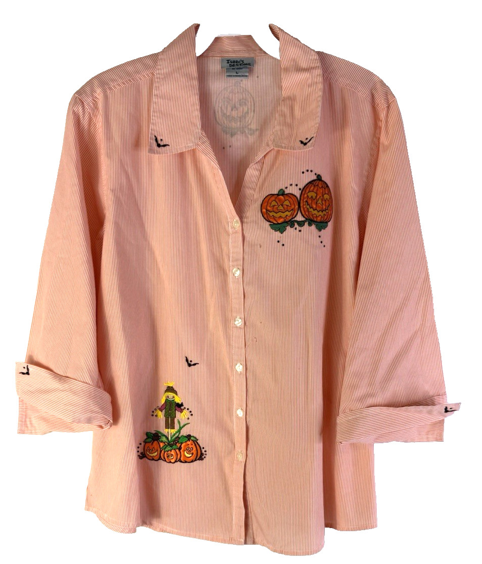 Vintage 90s Halloween Button Shirt Top Womens Large Pumpkins Scarecrow Whimsical