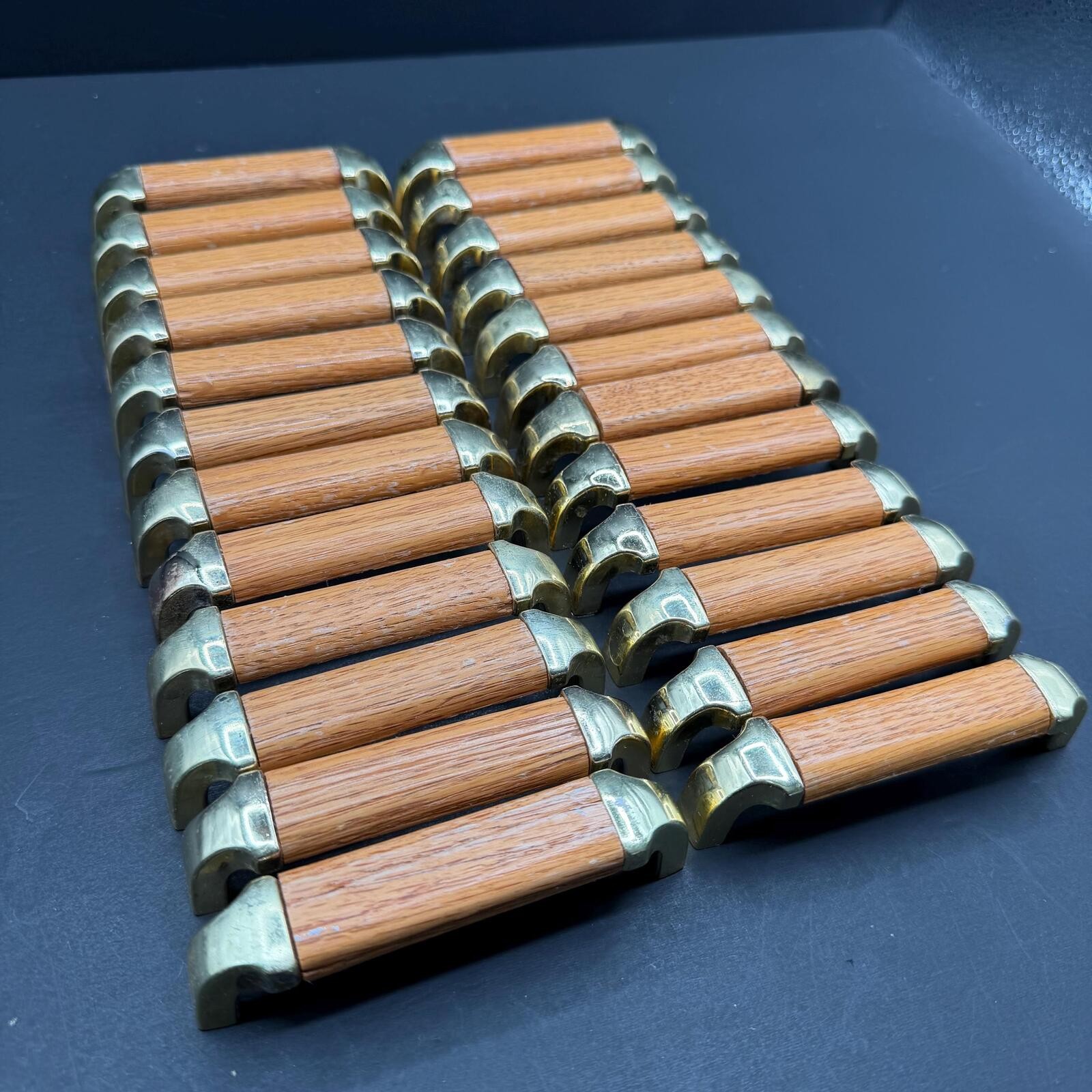 Vintage 1970s Oak Brass Cabinet Pulls Mid Century Wood Drawer Handles Lot of 26