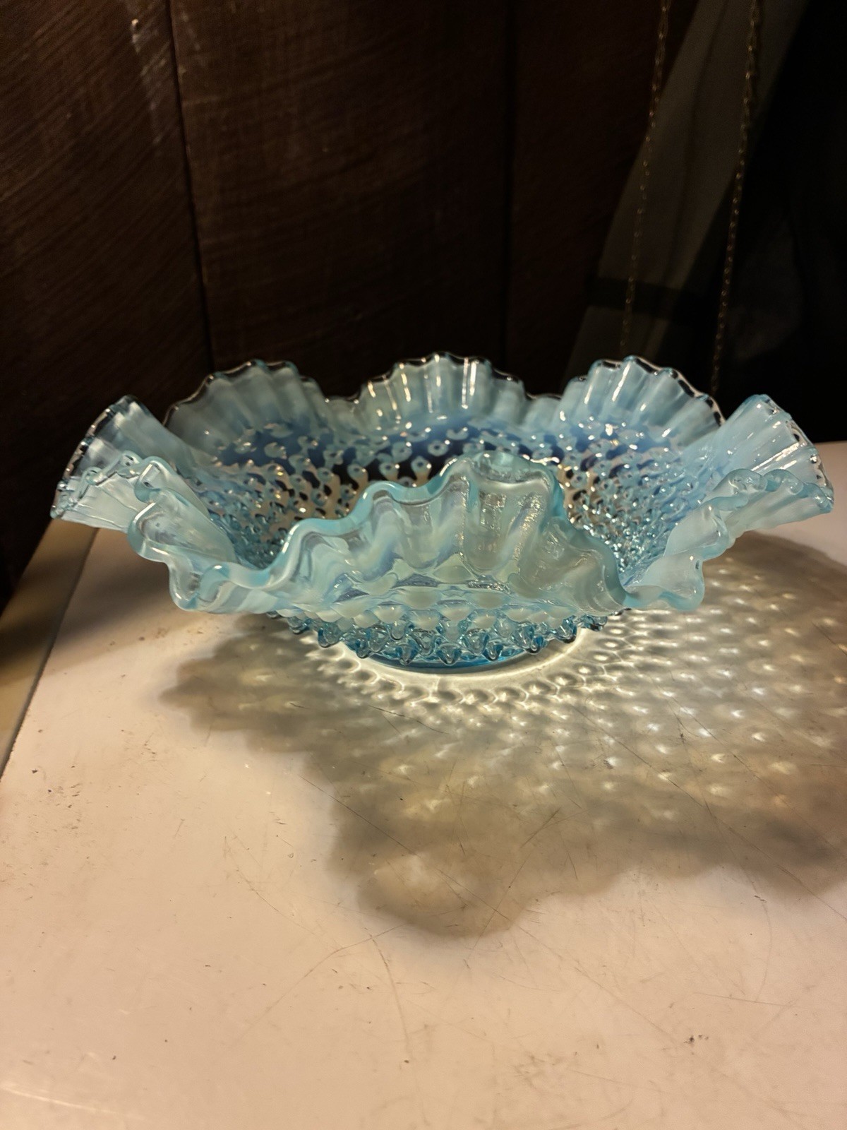 Vtg Fenton Hobnail Design Blue/Aqua Opalescent LG Glass Bowl Ruffled Edges 10”D Vtg Fenton Hobnail Design Blue/Aqua Opalescent LG Glass Bowl Ruffled Edges 10”D