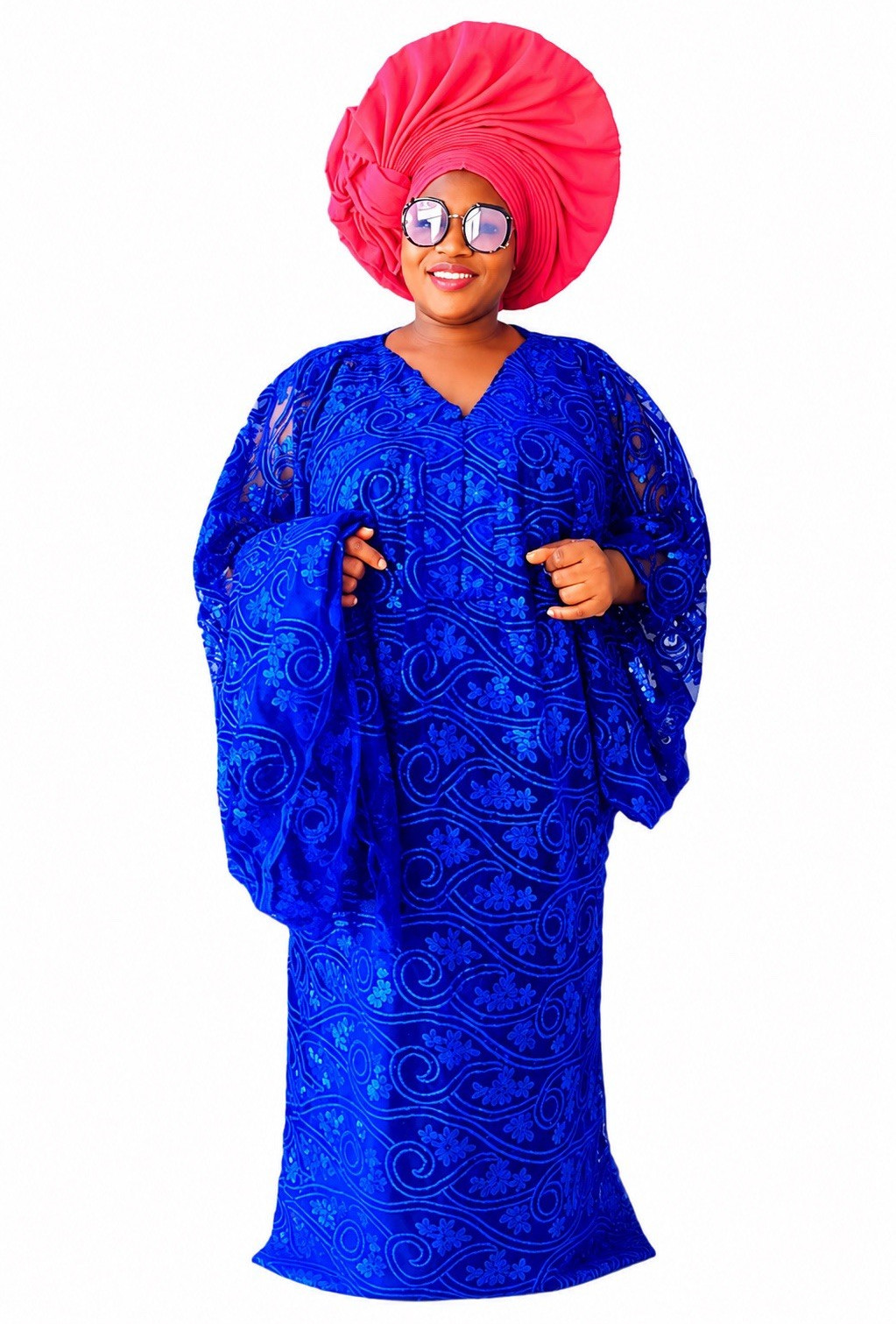 Women’s Blue African Lace Kaftan Dress w/ Pink Gele Headwrap Women’s Blue African Lace Kaftan Dress w/ Pink Gele Headwrap