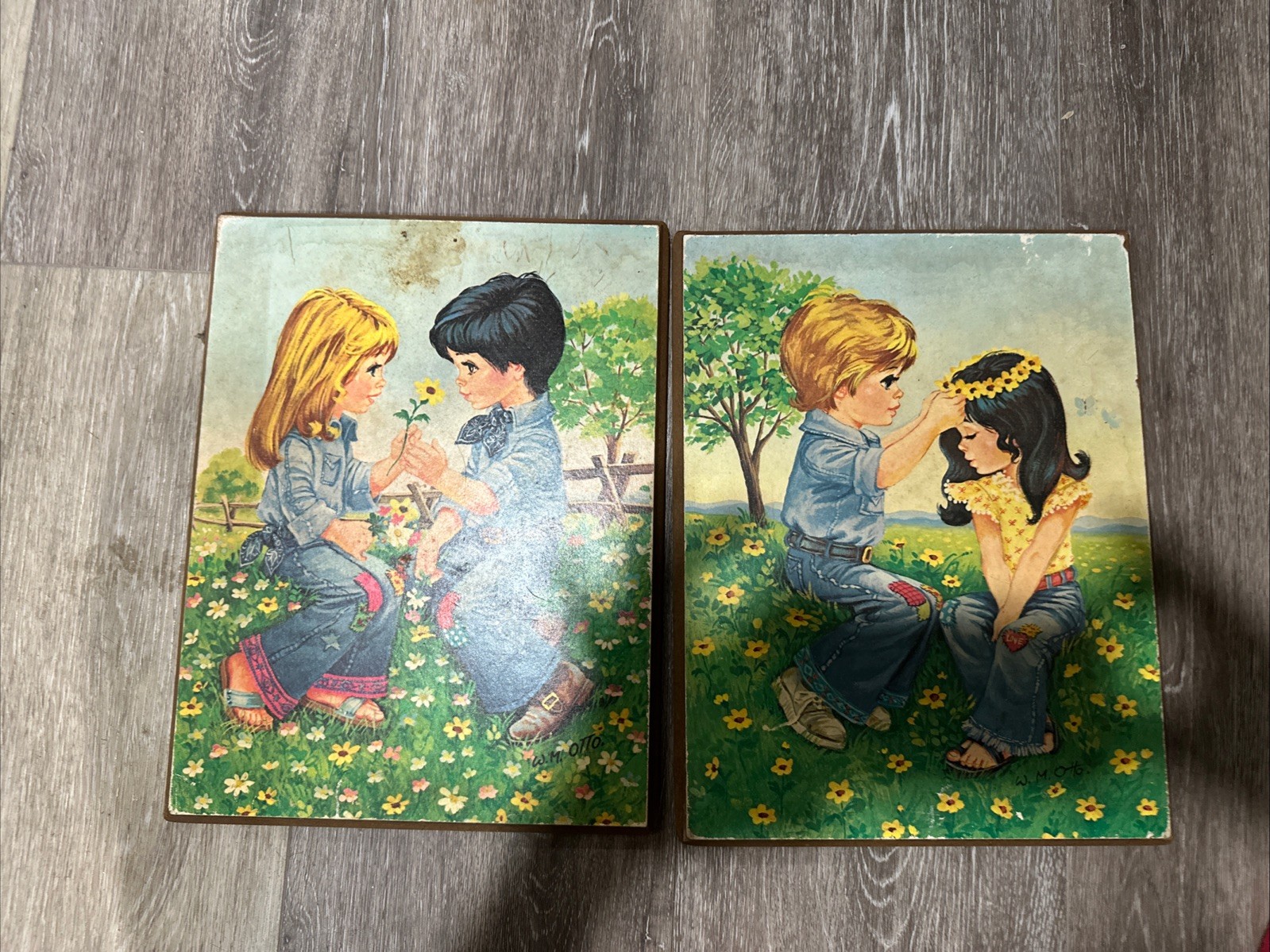 Pair Vintage 1970s W.M. Otto Plaques Flower Power Hippie Kids Denim Daisy G &B