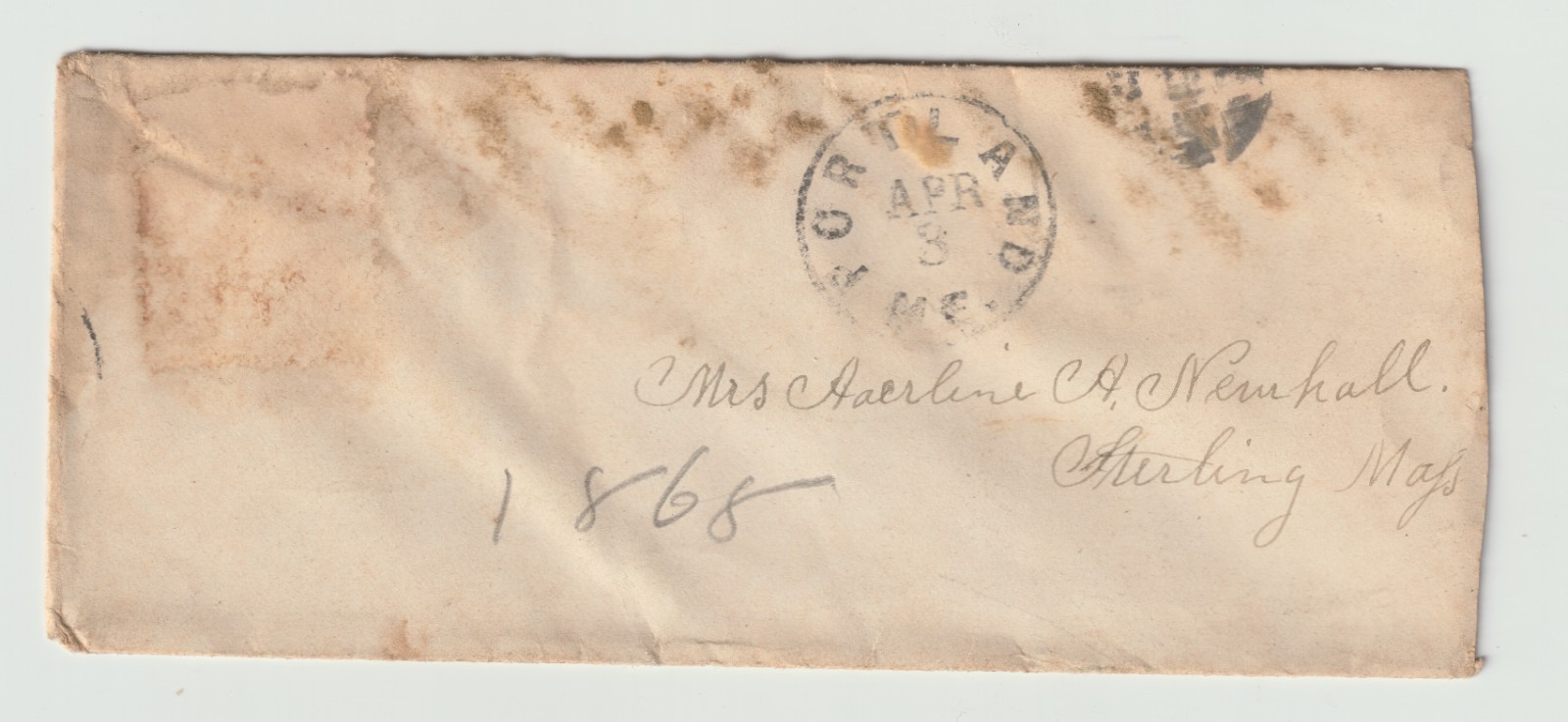 1868 Portland ME to Sterling MA Cover 3c Washington Fancy Cancel Newhall