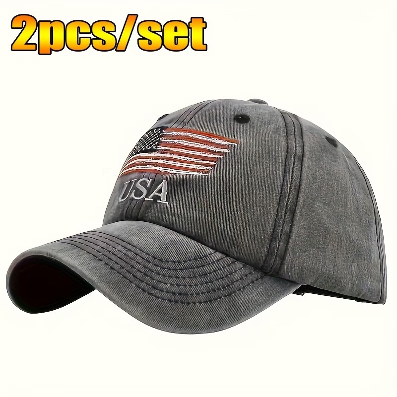 2PCS Distressed Washed American Flag Embroidered Baseball Caps Snapback Hats