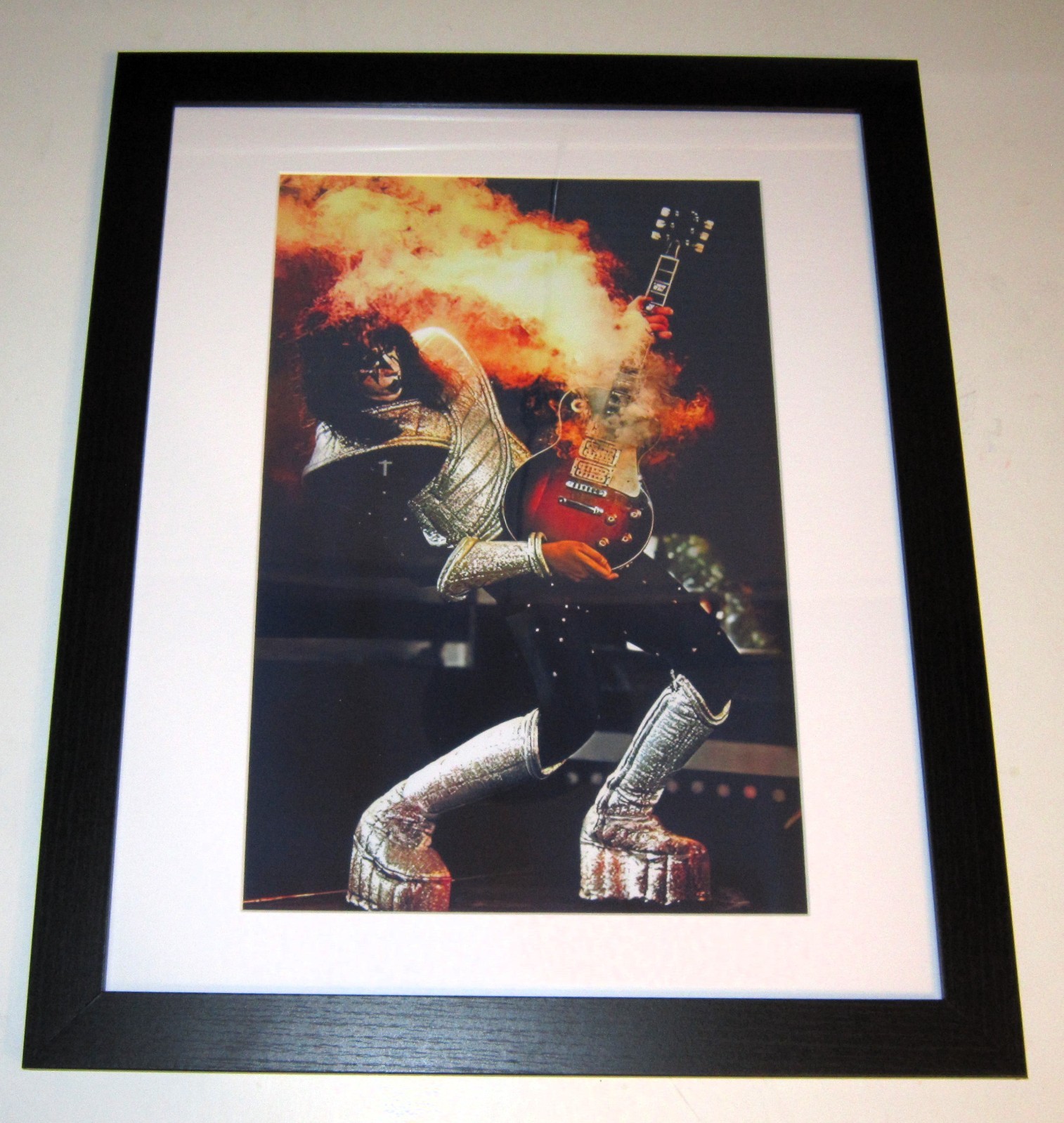 Large Framed Kiss Legend Ace Frehley \'77 Guitar on Fire / Smoking on Stage 23x20
