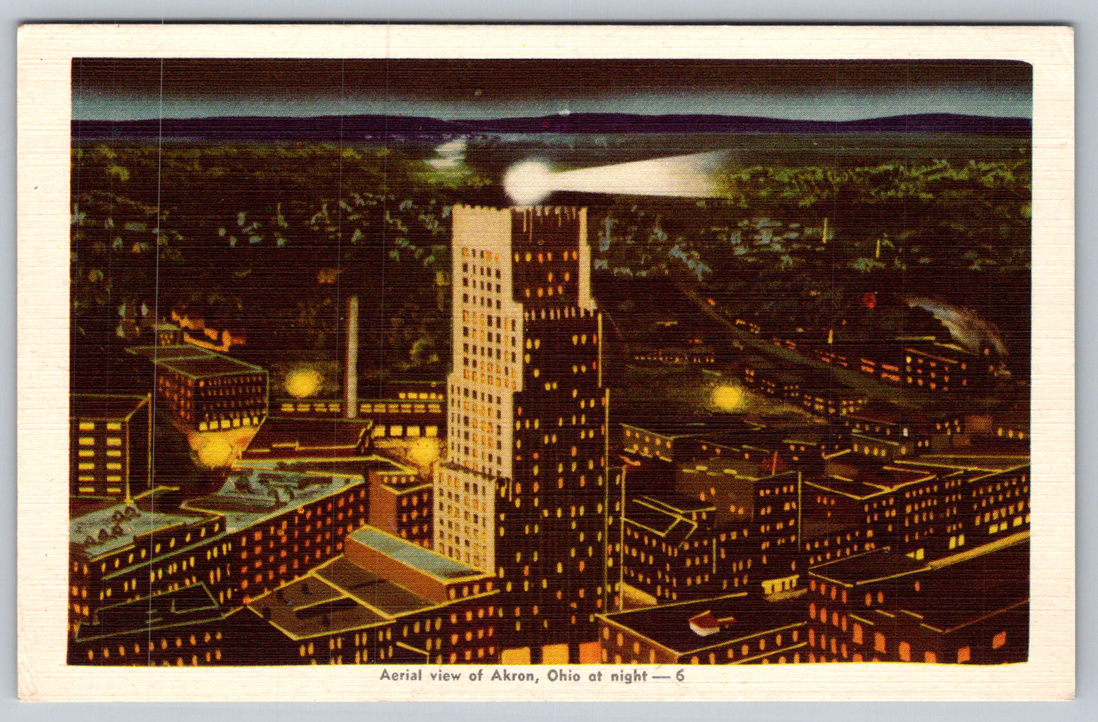 c1940s Aerial View Akron Ohio Night Skyline Linen Postcard