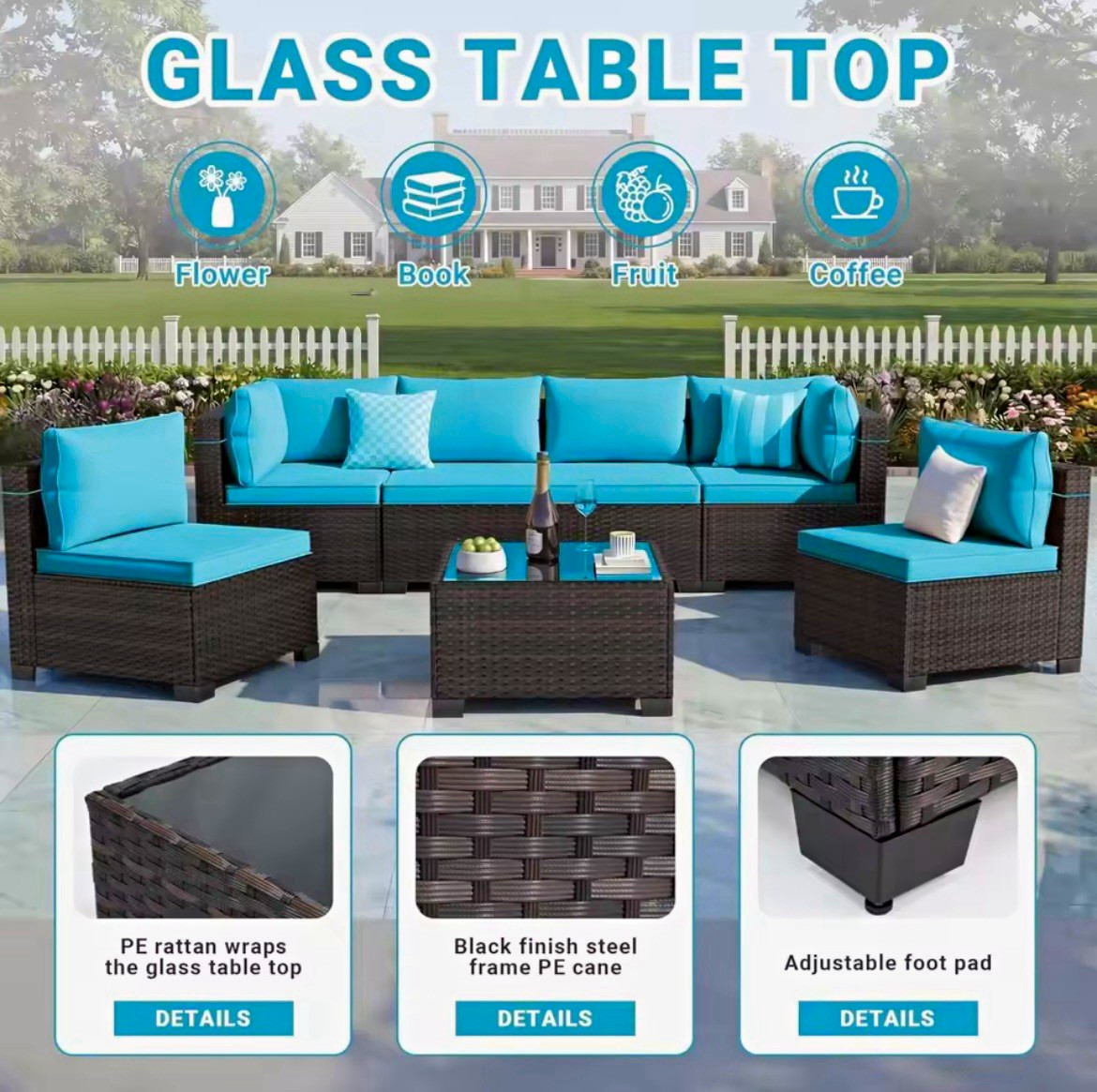 7-Piece Rattan Wicker Patio Sectional Set Blue Cushions Glass-Top Table