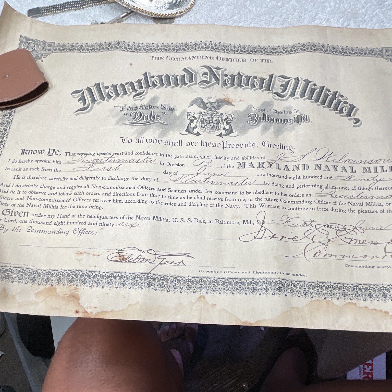Maryland Naval Militia USS Dale Quartermaster Appointment 1896 Maryland Naval Militia USS Dale Quartermaster Appointment 1896