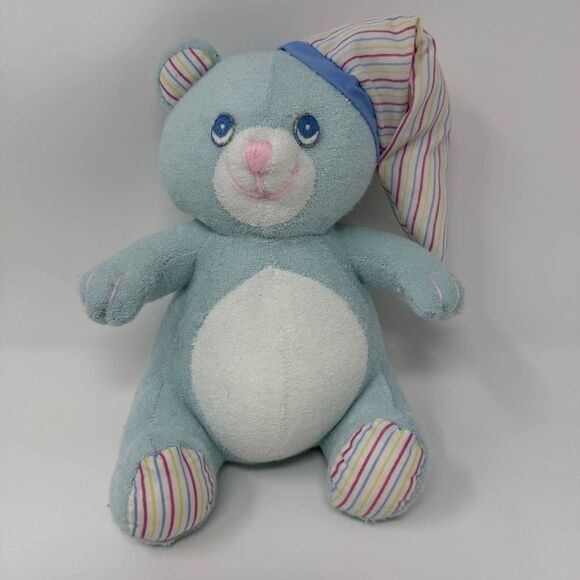 Russ Berrie Vintage Light Blue Teddy Bear Plush Rattle Hat Bittles Terry Cloth