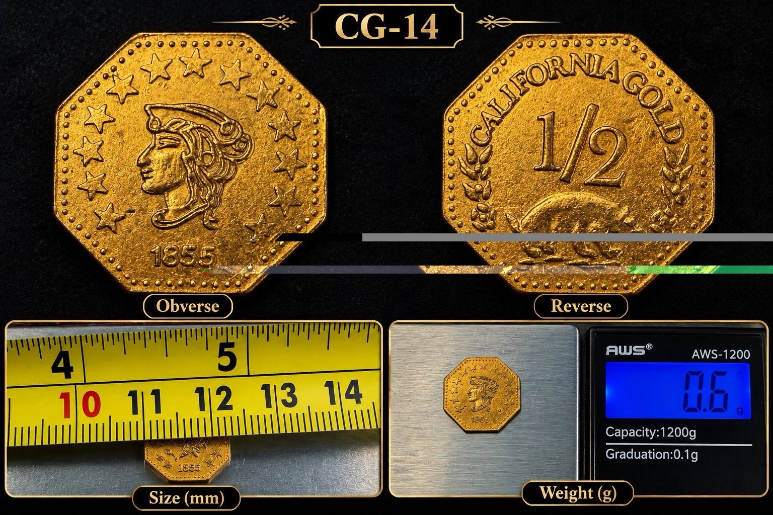California Gold 1/2 Token 1855 Indian Head Bear Octagonal Fractional CG-14 California Gold 1/2 Token 1855 Indian Head Bear Octagonal Fractional CG-14