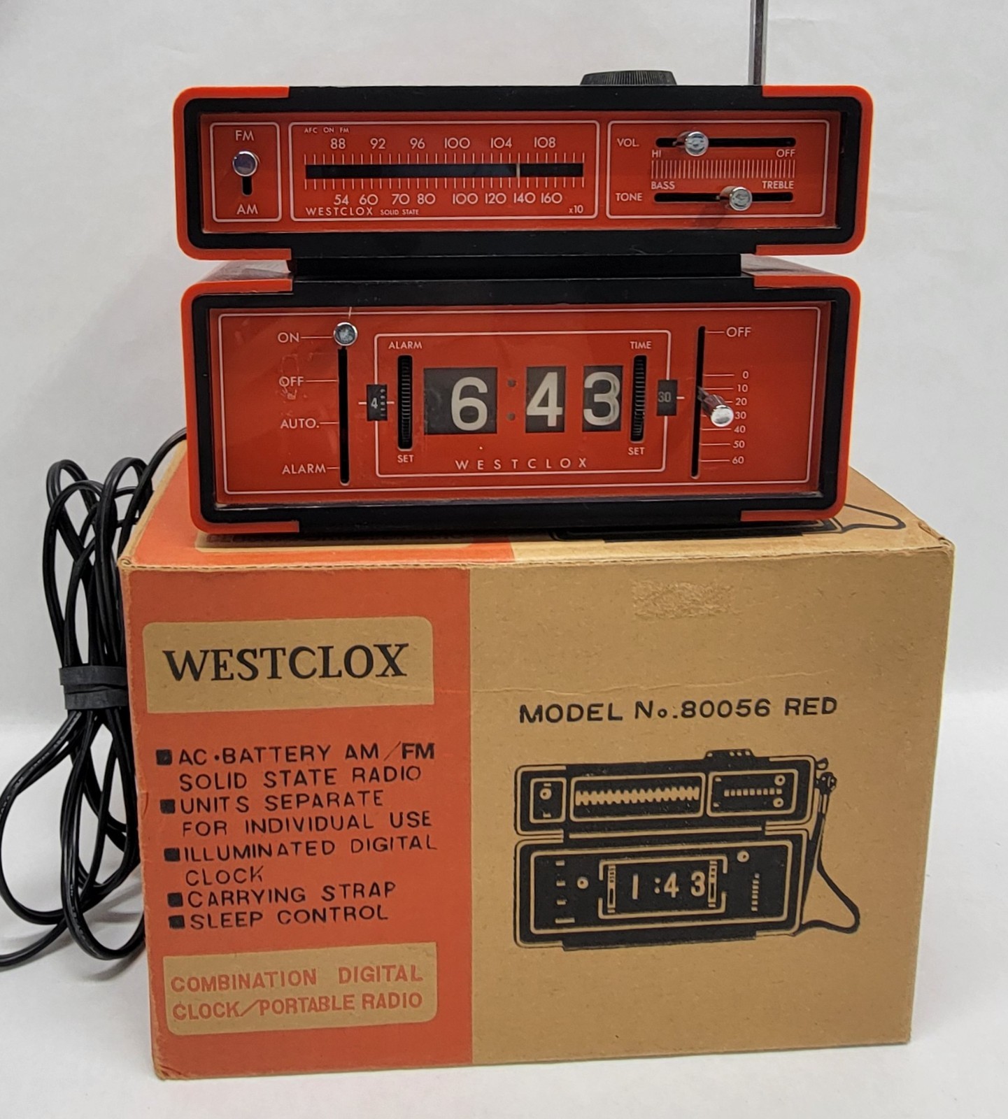 Vintage WESTCLOX 80056 - Red Modular AM/FM Radio Digital Drum Roll Clock in BOX