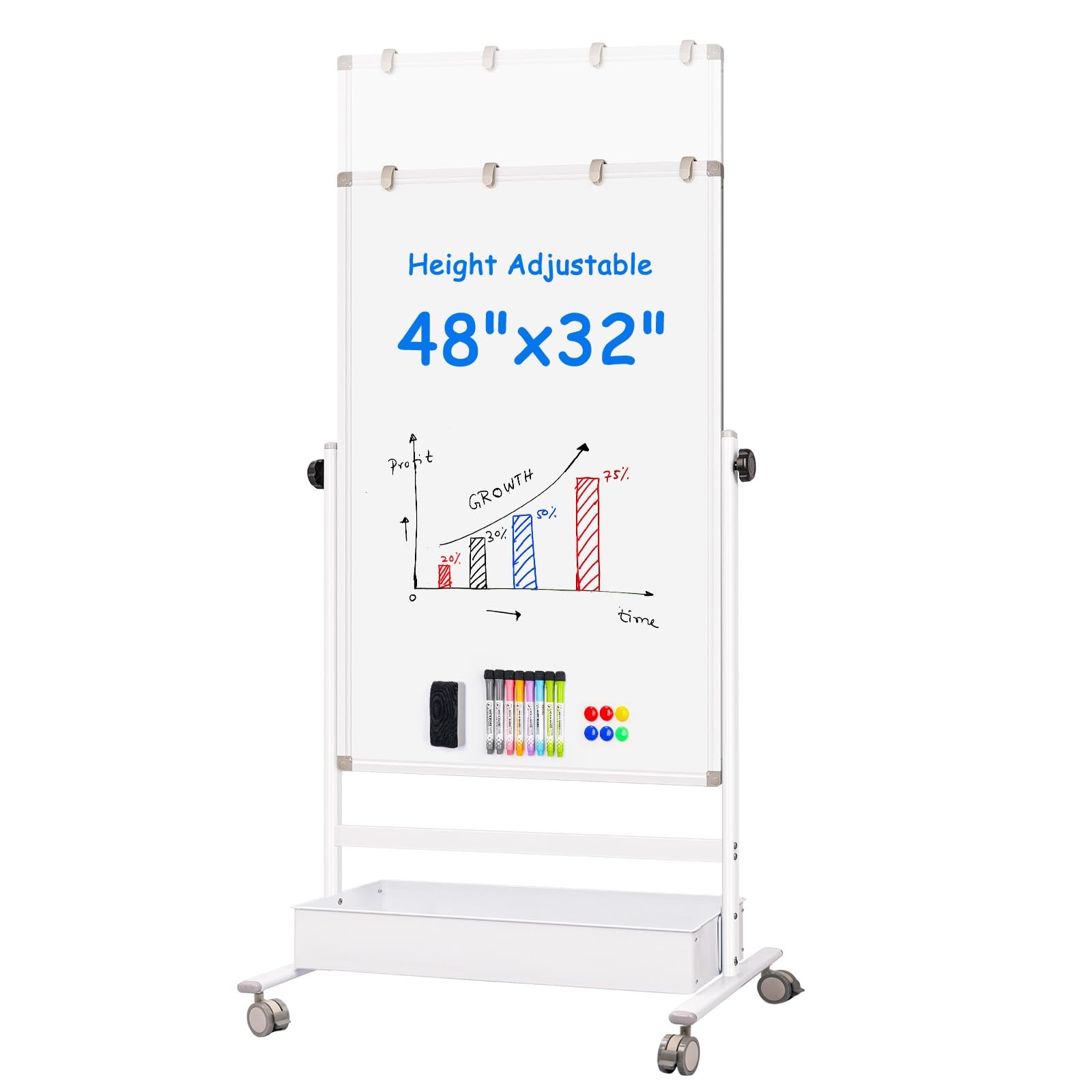 Maxtek Mobile White Board on Wheels 48x32, Magnetic Storage Easel Standing