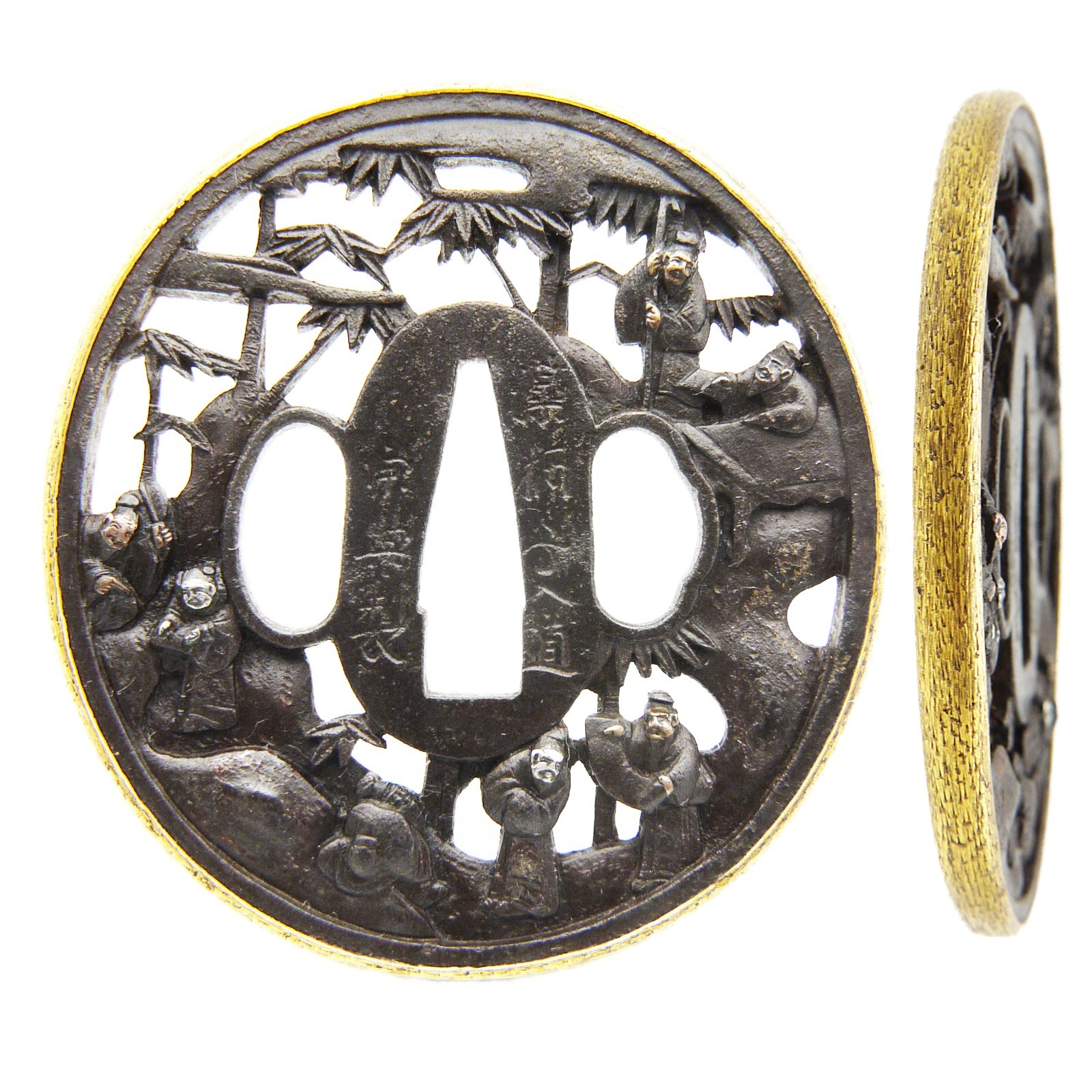 Tsuba Signed Soten Seven Sages Japanese Antique Sword Fitting Samurai Katana