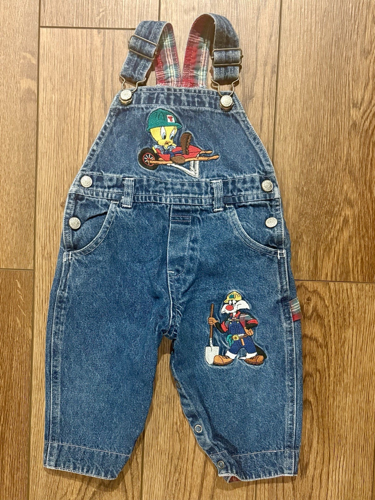 Vintage 90s ACME Baby Looney Tunes Denim Overalls 12M Tweety Sylvester Plaid