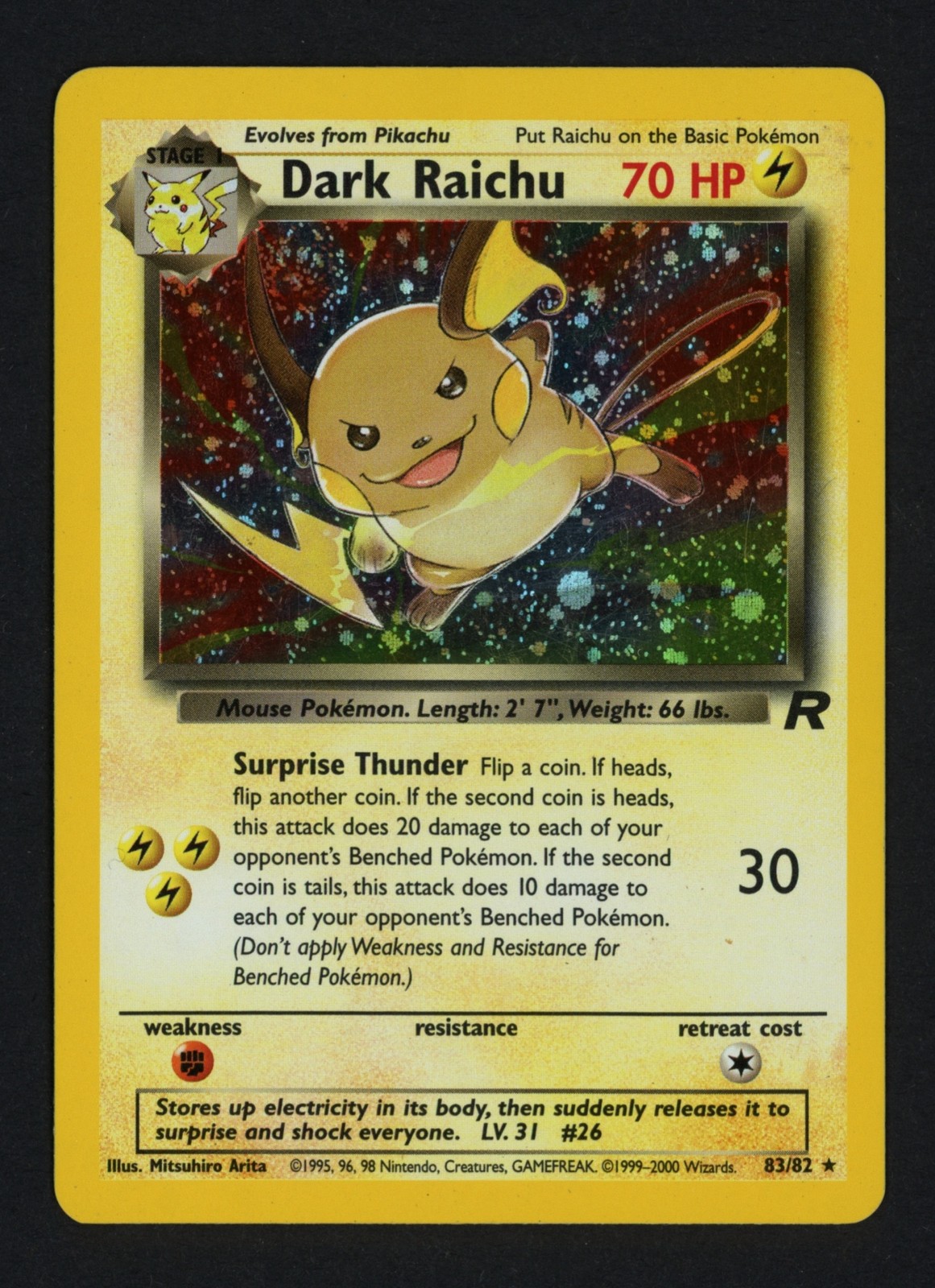 Dark Raichu 83/82 Unlimited Holofoil Swirl Team Rocket Secret Rare Pokemon TCG Dark Raichu 83/82 Unlimited Holofoil Swirl Team Rocket Secret Rare Pokemon TCG