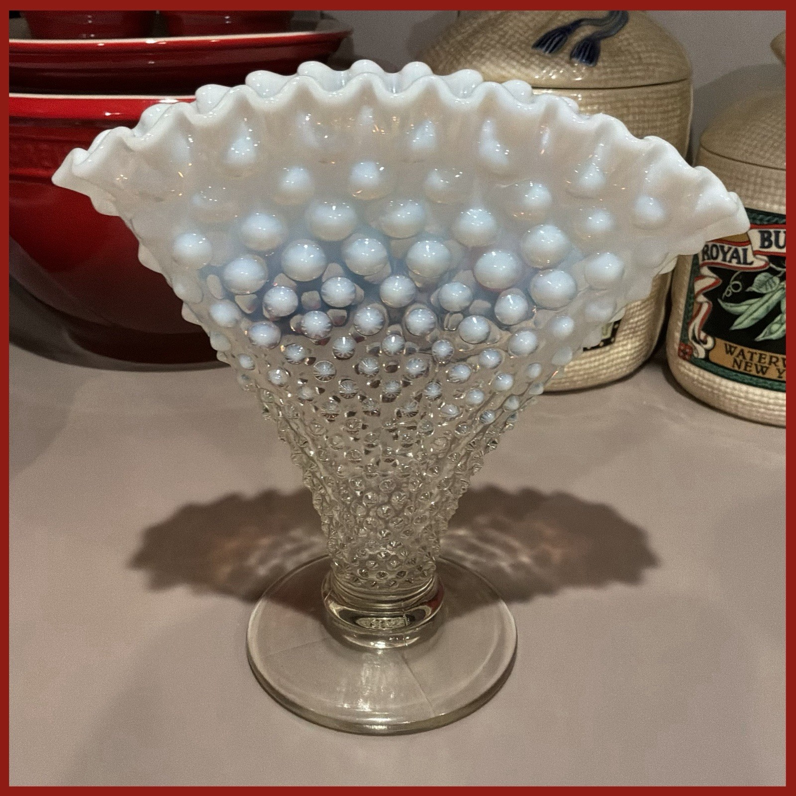 Vintage Fenton Glass 8” French Opalescent Hobnail Fan Vase Ruffled Crimp Edge