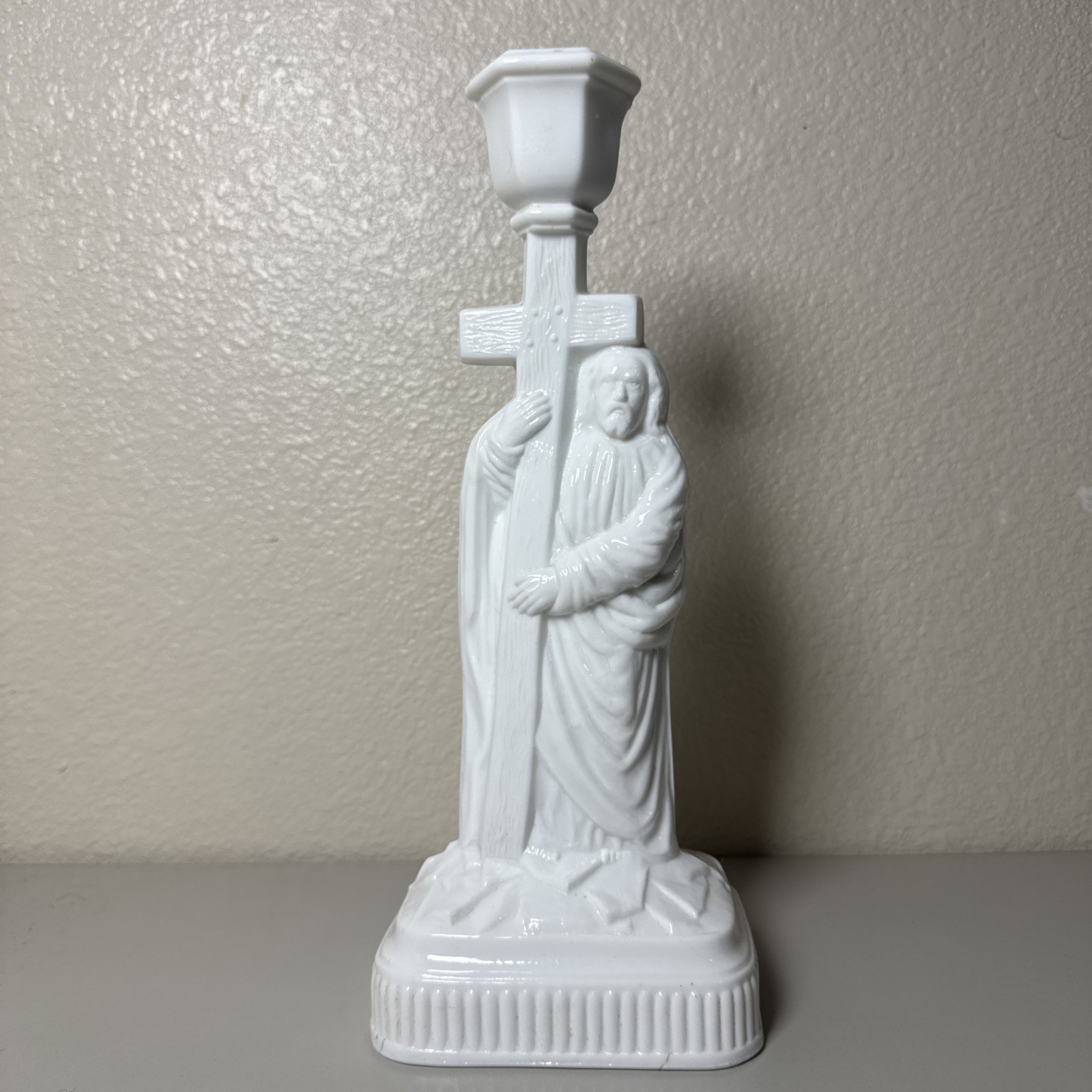 Rare Antique EAPG Challinor, Taylor Milk Glass Jesus at Calvary 10.5 Candlestick Rare Antique EAPG Challinor, Taylor Milk Glass Jesus at Calvary 10.5 Candlestick
