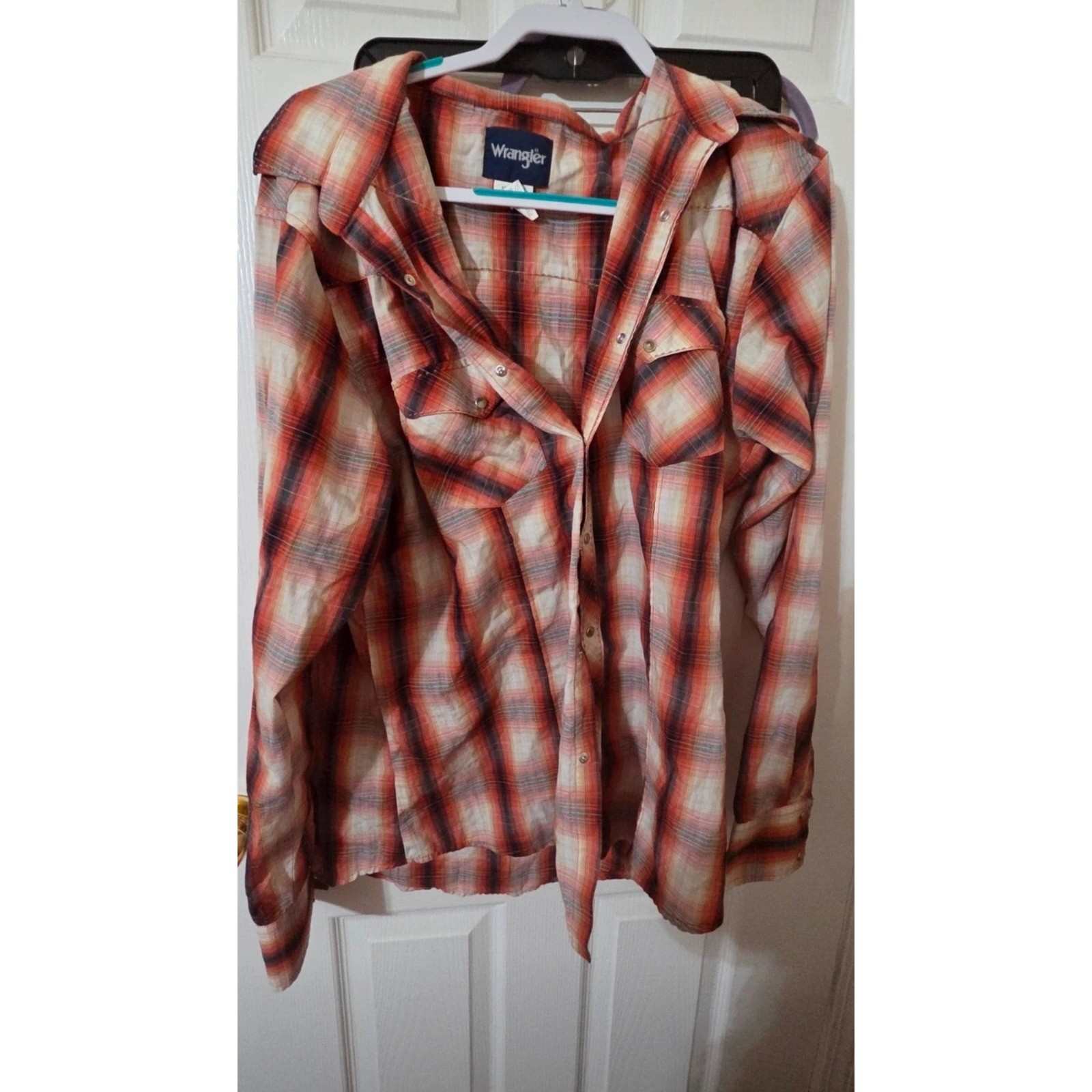 Wrangler Mens Plaid Western Snap Shirt Long Sleeve Red Orange Cowboy XL