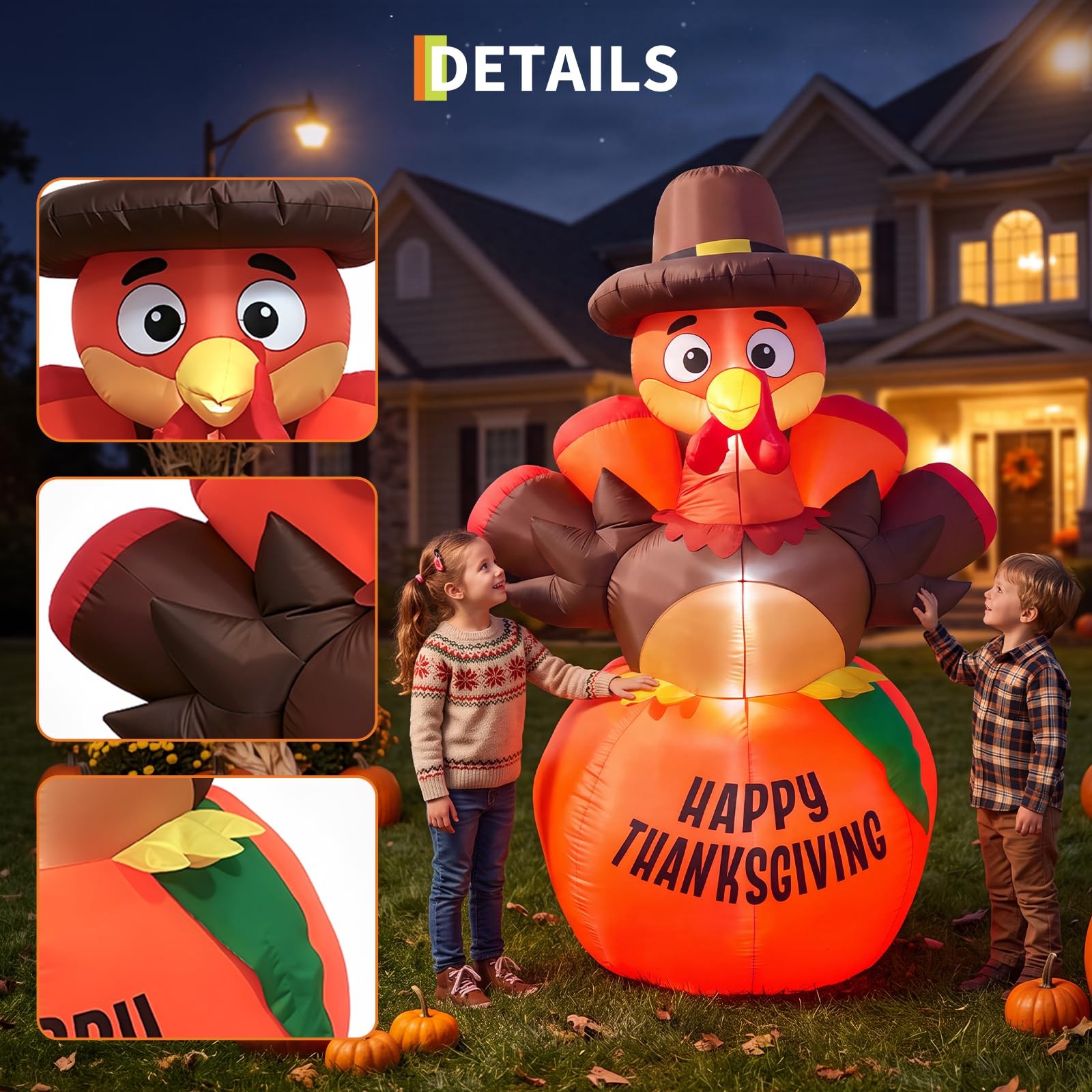 6FT Thanksgiving Inflatable Outdoor LED Turkey Pumpkin Blow up for Yard Decor US