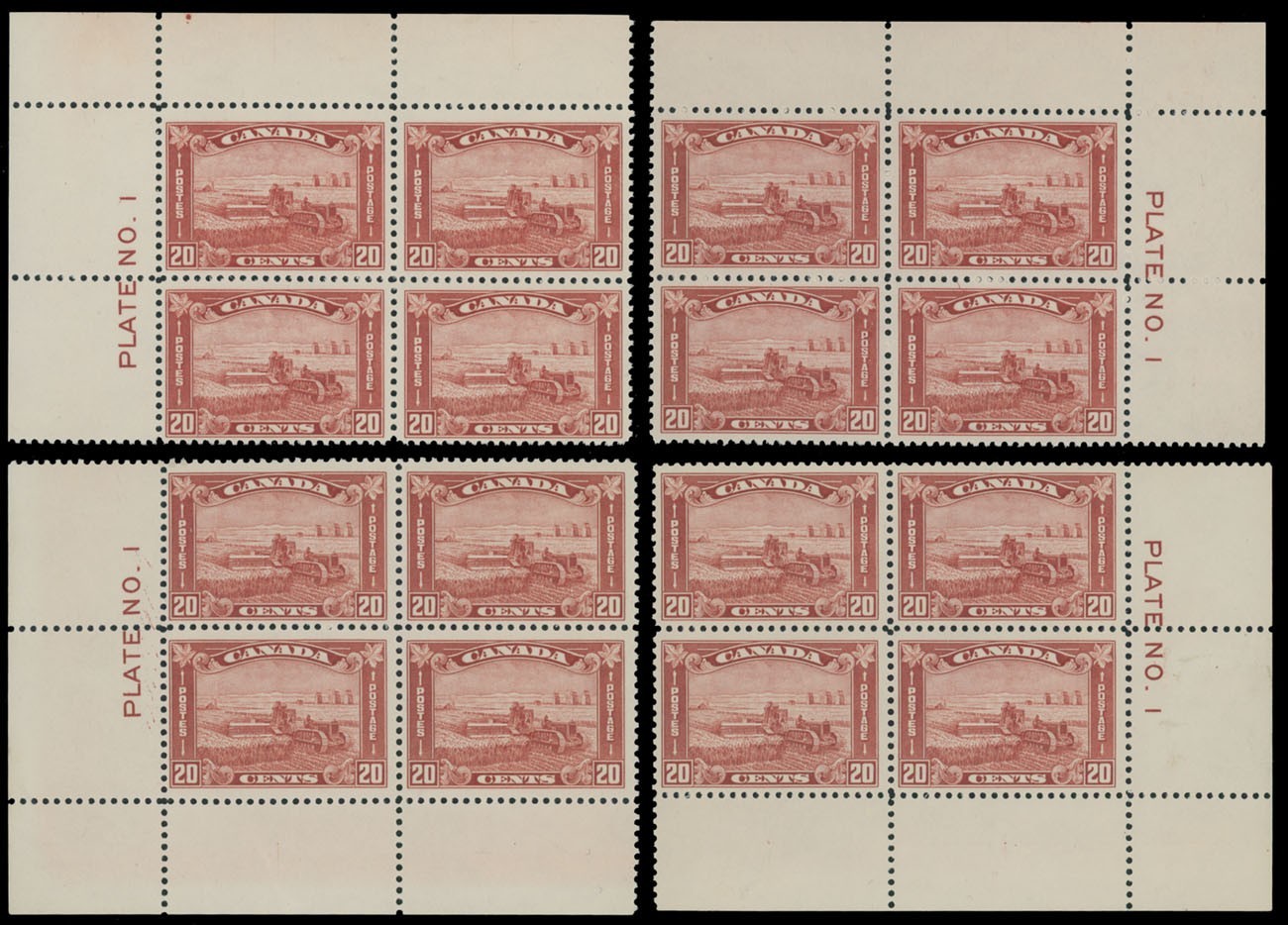 1930, CANADA ARCH/LEAF HARVESTING WHEAT 20C, 4 PLATE No.1 BLOCKS, NH UN.#175