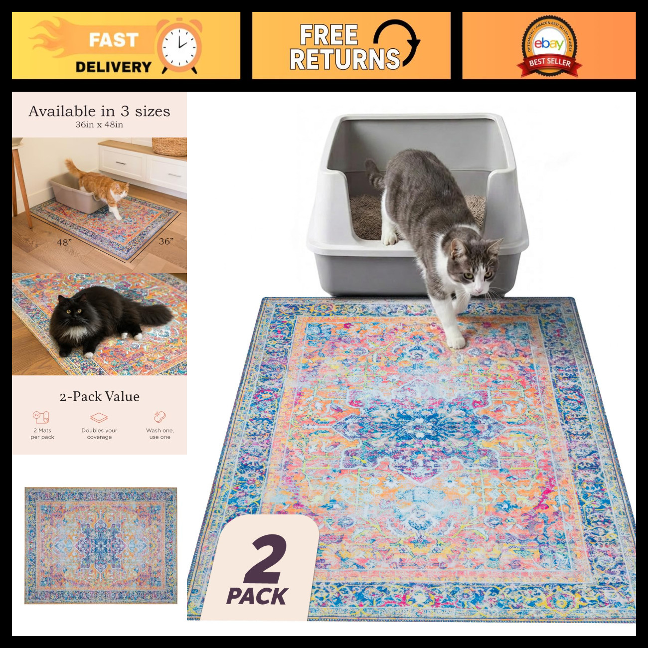 Large Cat Litter Mat, Litter Box Mat Set, 36x48, Marmalade Sunshine, 2 Pack