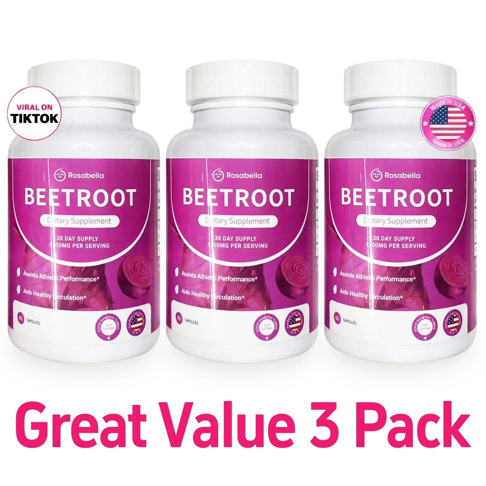 3Pcs Organic Rosabella Beet Root Natural Energy Boost Blood Pressure 60 Capsules