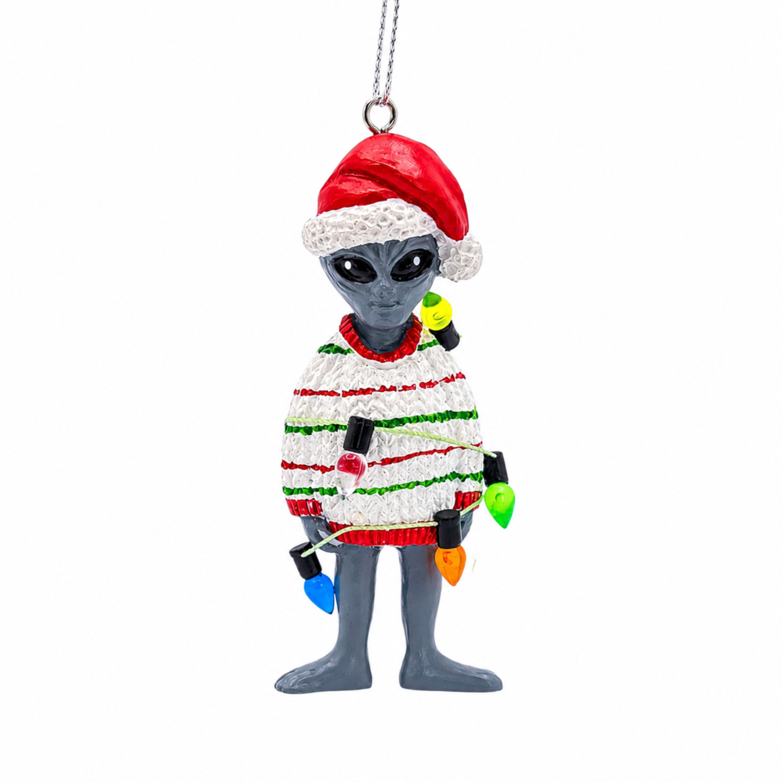 Gray Alien in Ugly Christmas Sweater Party Wrapped in Lights Santa Ornament