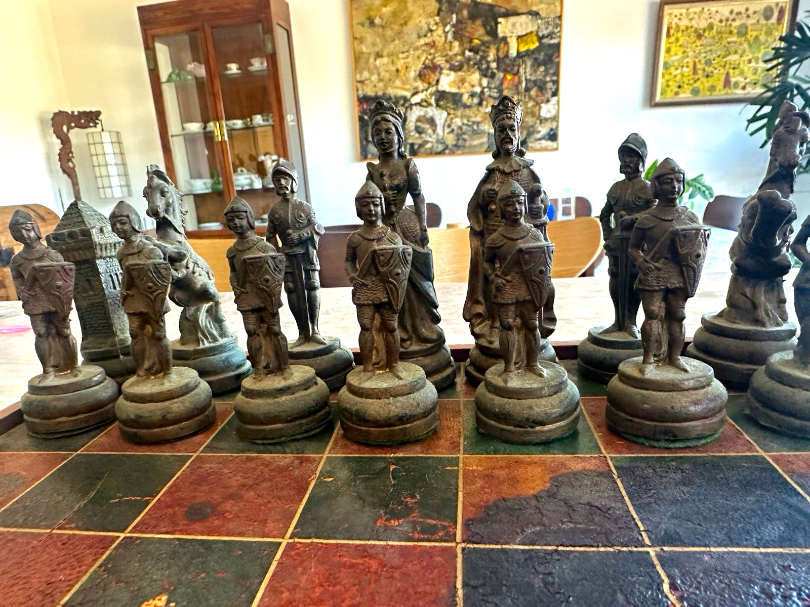 Vintage chess set made in Italy Medieval Knight Chess Set w/ Board Silver Gray Vintage chess set made in Italy Medieval Knight Chess Set w/ Board Silver Gray