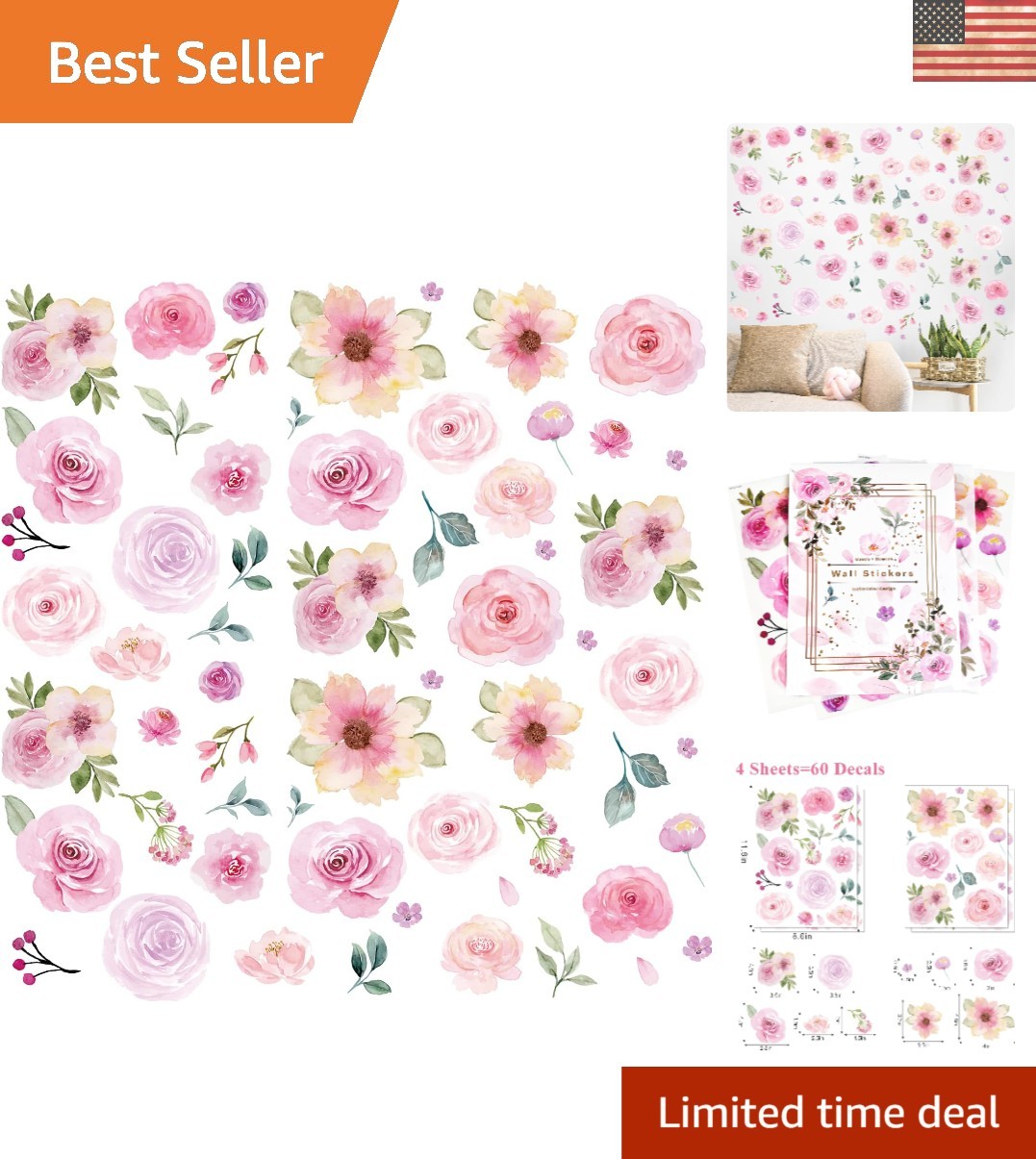Pastel Floral Wall Stickers: 60 Removable Vinyl Peony Decals for Kids Rooms