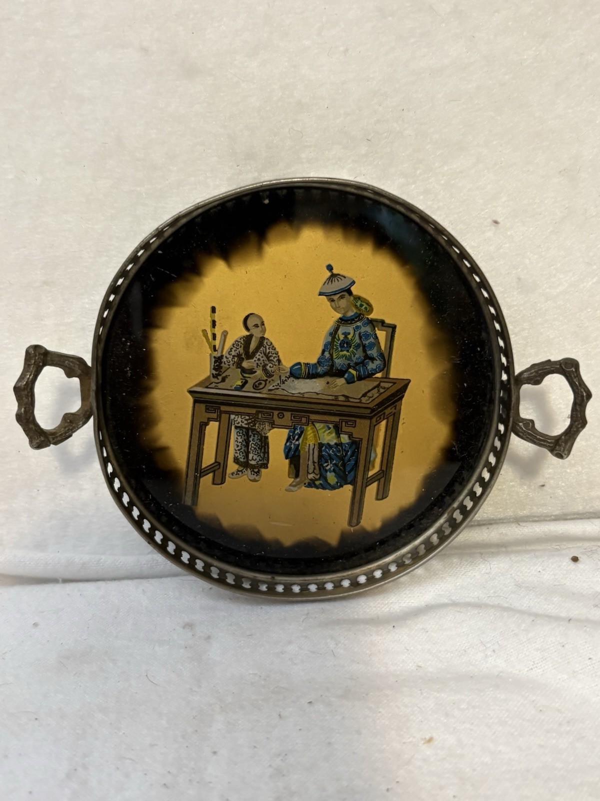 Vtg Chinese Reverse Painted Glass Miniature Gallery Tray 4.5\