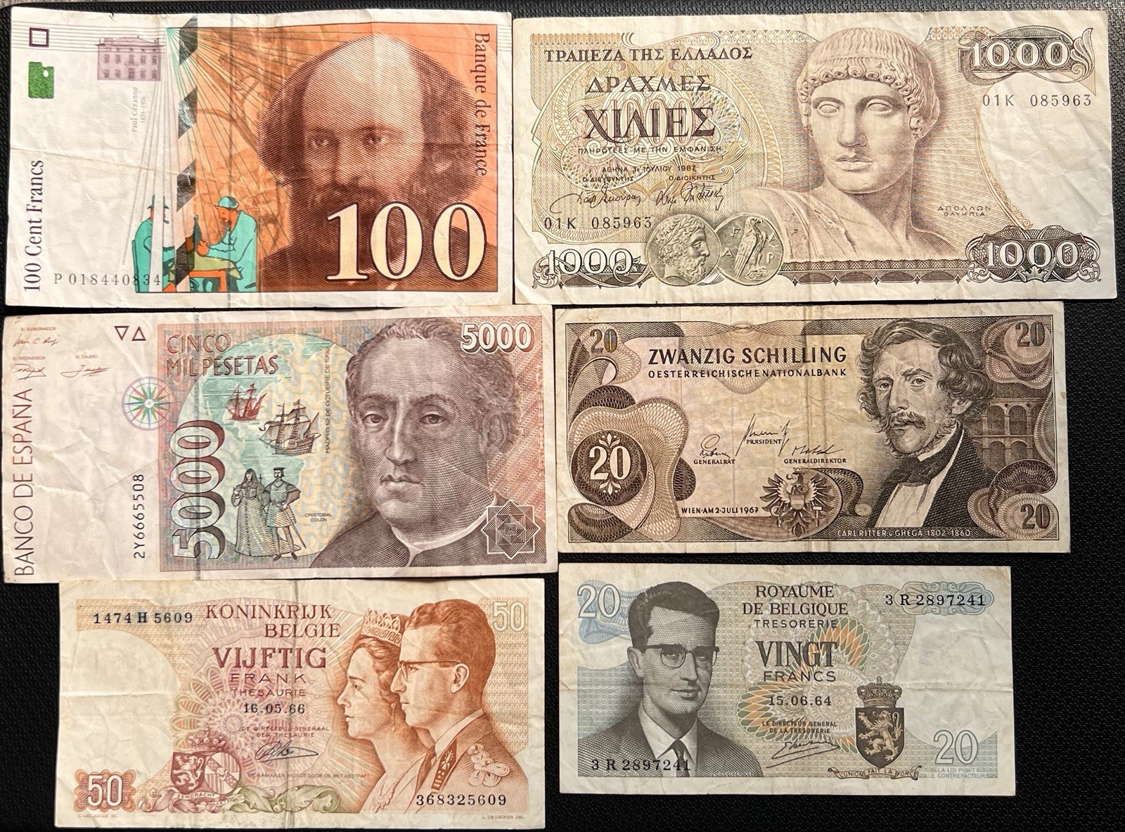 European Obsolete Banknote Lot 6 Pieces Greece Spain France Austria Belgium