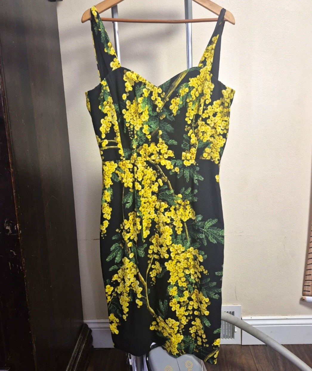 Dolce&Gabbana Floral Sweetheart Midi Sheath Dress Silk IT 44/US 8 Black Yellow