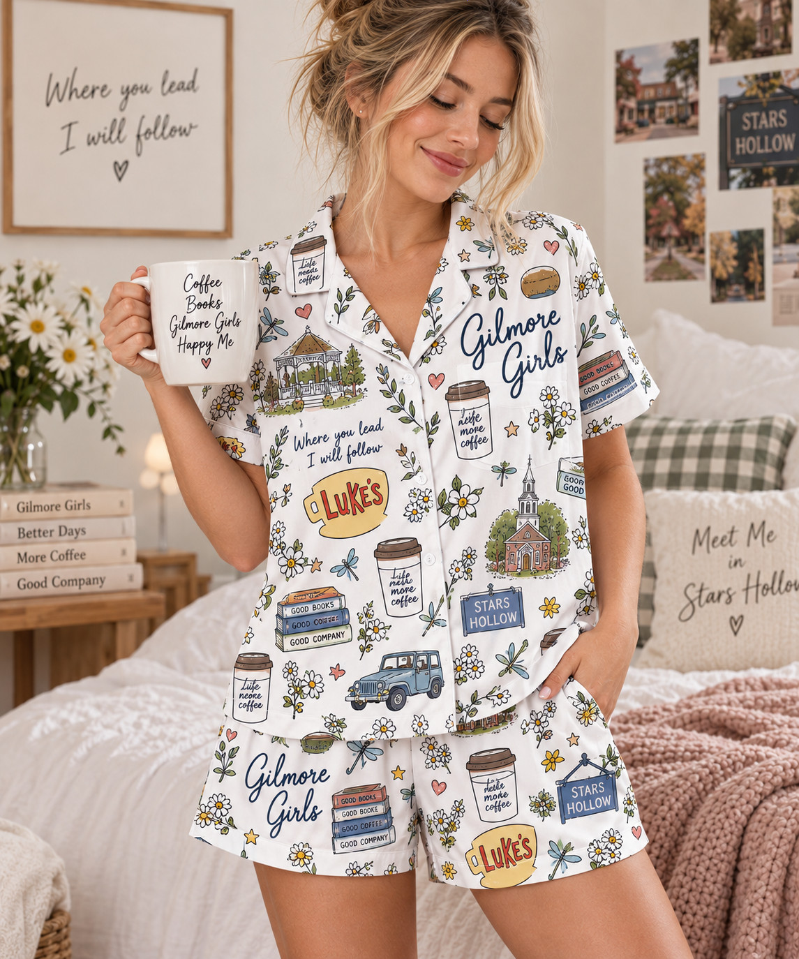 Women’s Gilmore Girls Pajama Set, Stars Hollow Coffee Book Sleepwear, Long Sleev Women’s Gilmore Girls Pajama Set, Stars Hollow Coffee Book Sleepwear, Long Sleev